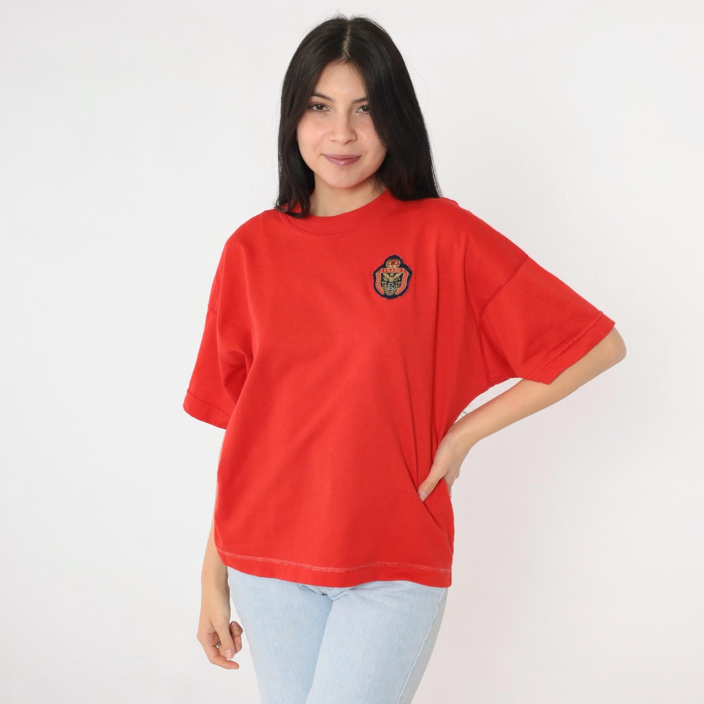 90s Grand Eagle Crest Embroidered T-Shirt Red Crewneck Extra Large XL