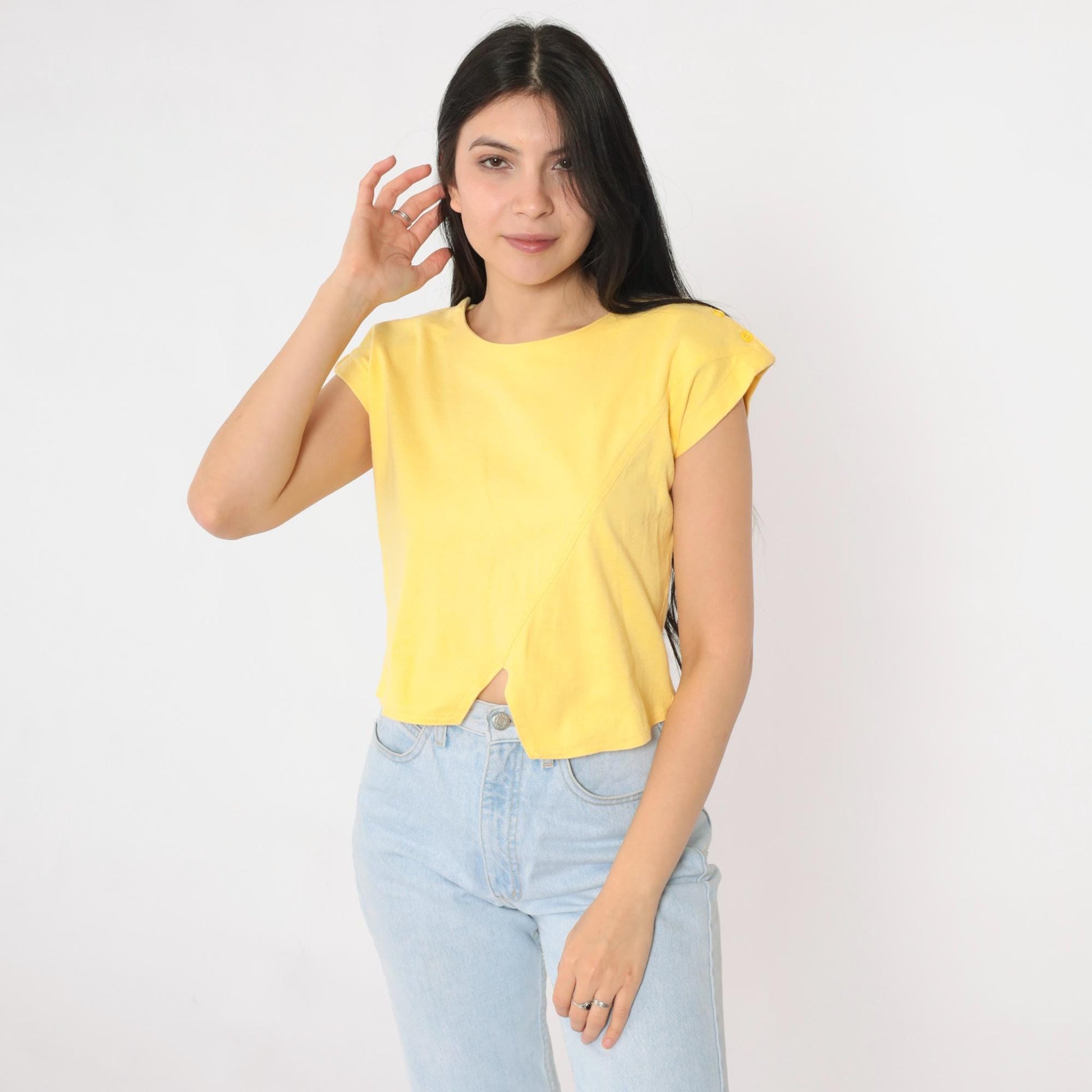 80s Yellow Asymmetric Hem Cap Sleeve Crop Top Cotton Blend Small S