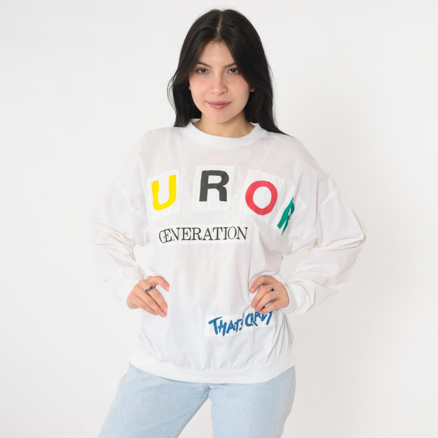 90s Furor Generation Graphic Long Sleeve Shirt White Colorful Appliqué Large L
