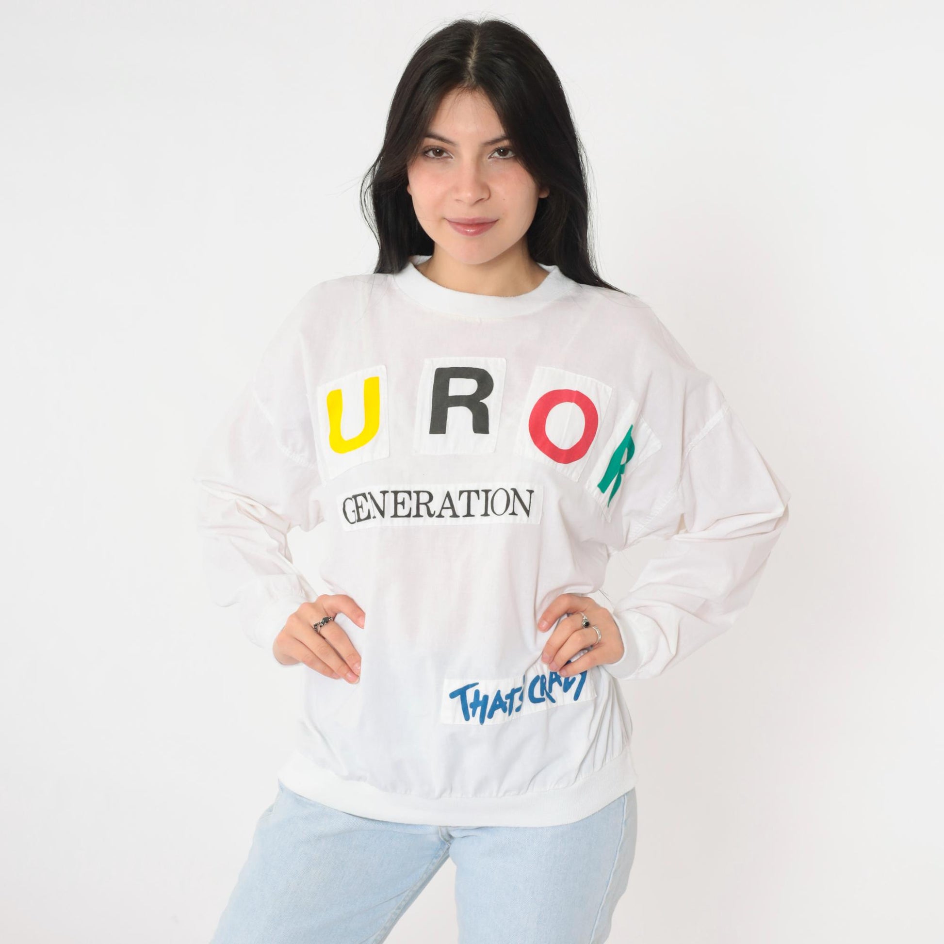 90s Furor Generation Graphic Long Sleeve Shirt White Colorful Appliqué Large L