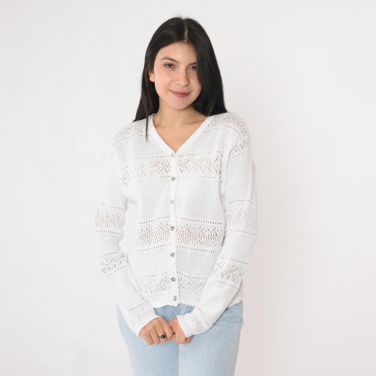 80s White Pointelle Cardigan Sheer Cutout Button-Up V-Neck Medium M