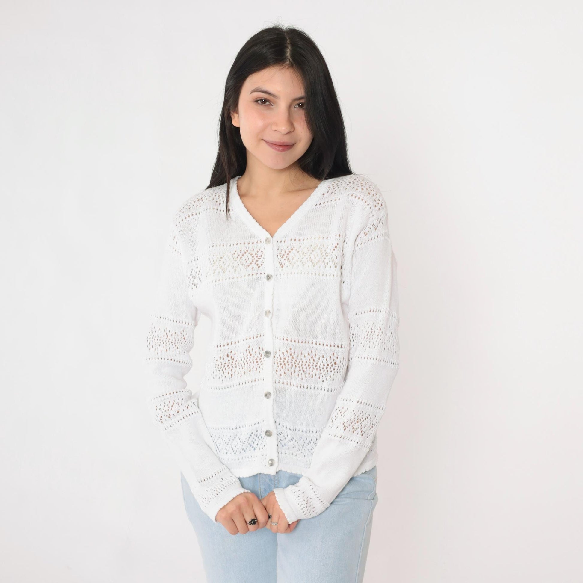 80s White Pointelle Cardigan Sheer Cutout Button-Up V-Neck Medium M