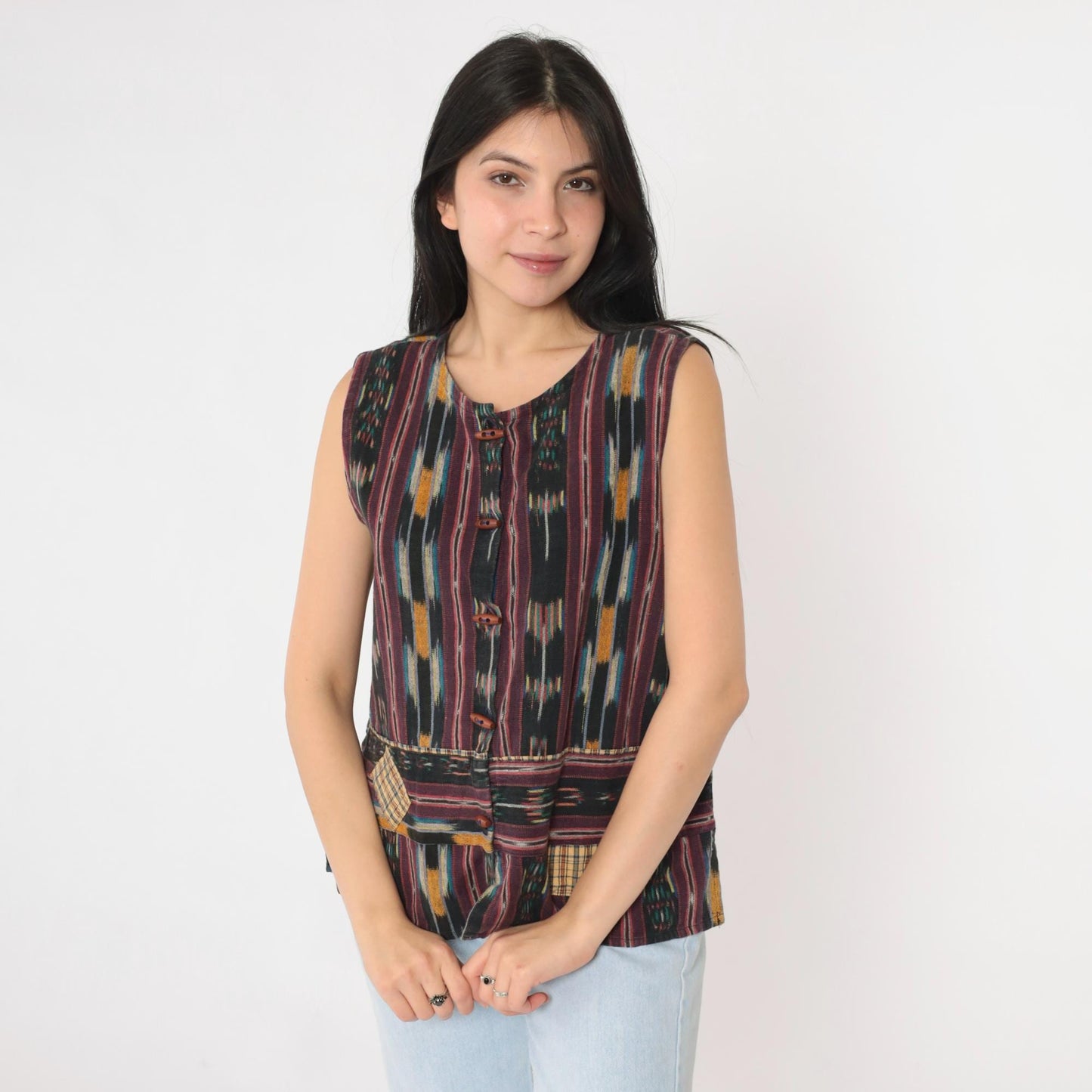90s Ikat Striped Sleeveless Button-Up Shirt Black Multicolor Medium M