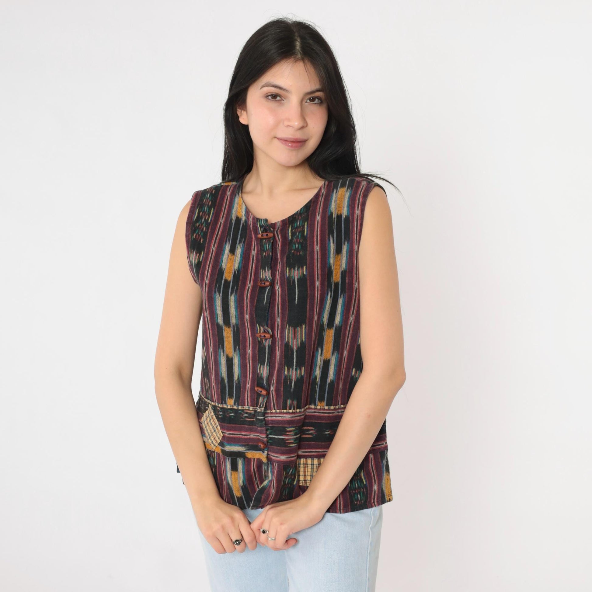 90s Ikat Striped Sleeveless Button-Up Shirt Black Multicolor Medium M