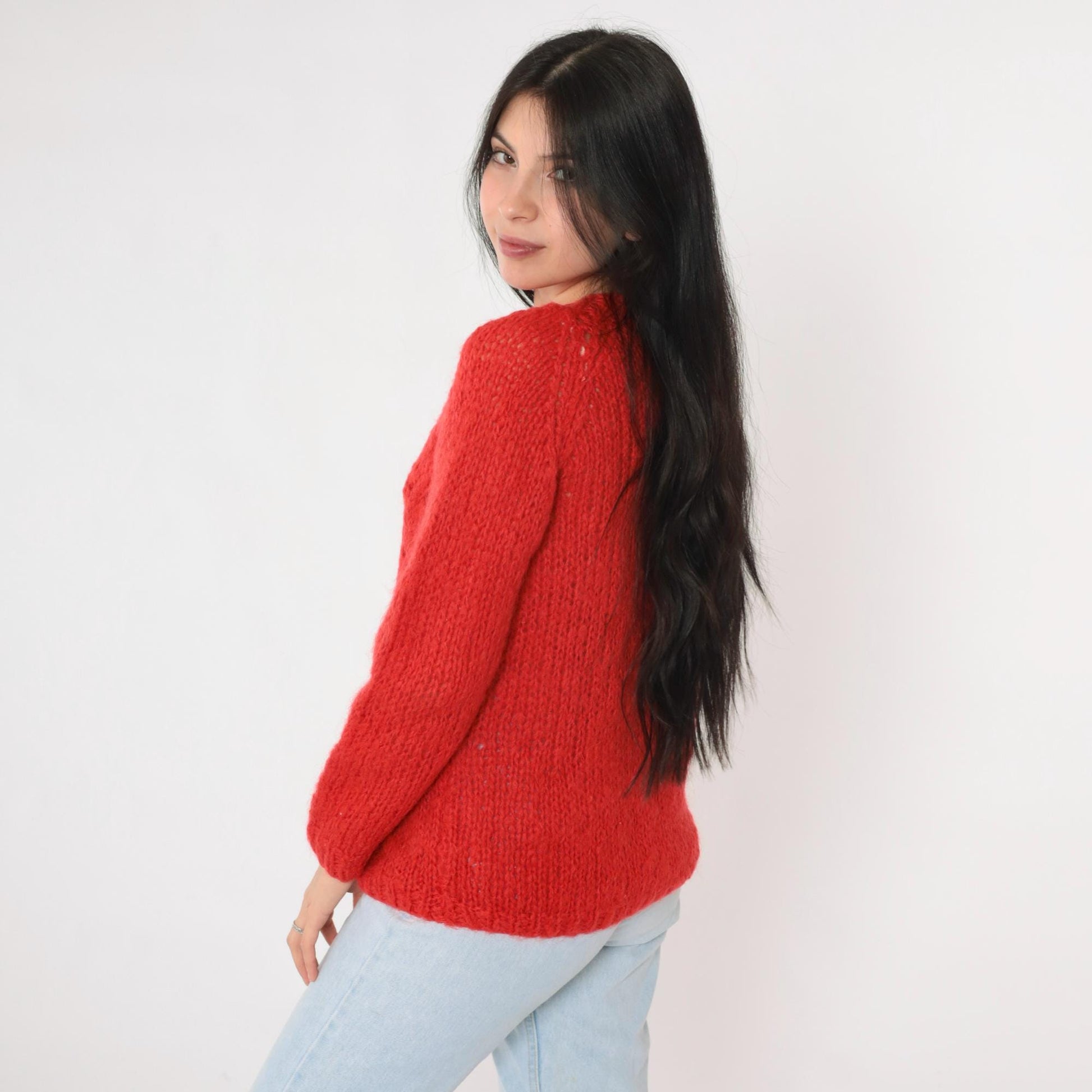 70s Carol Brent Wool Mohair Cable Knit Cardigan Red Semi-Sheer Extra Small
