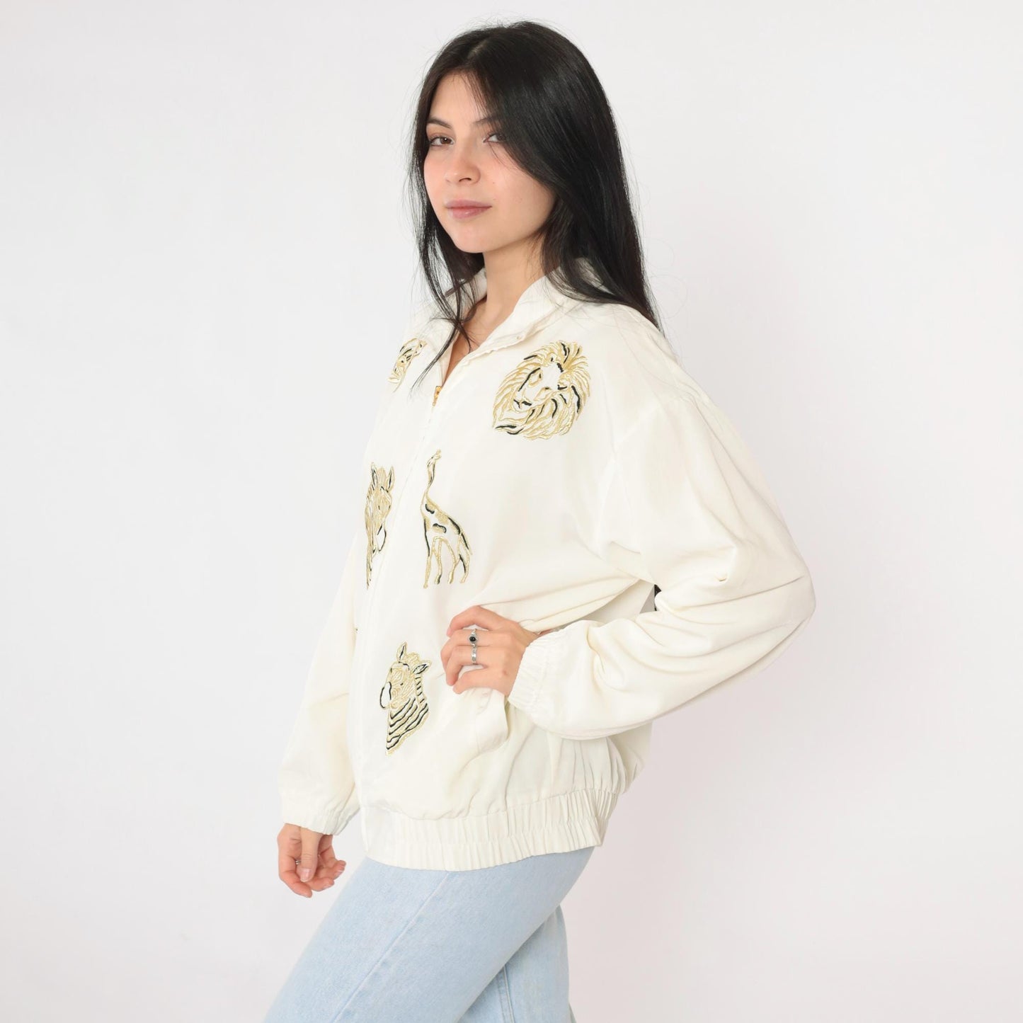 90s Safari Animal Windbreaker Jacket Off-White Embroidered Gold Small S