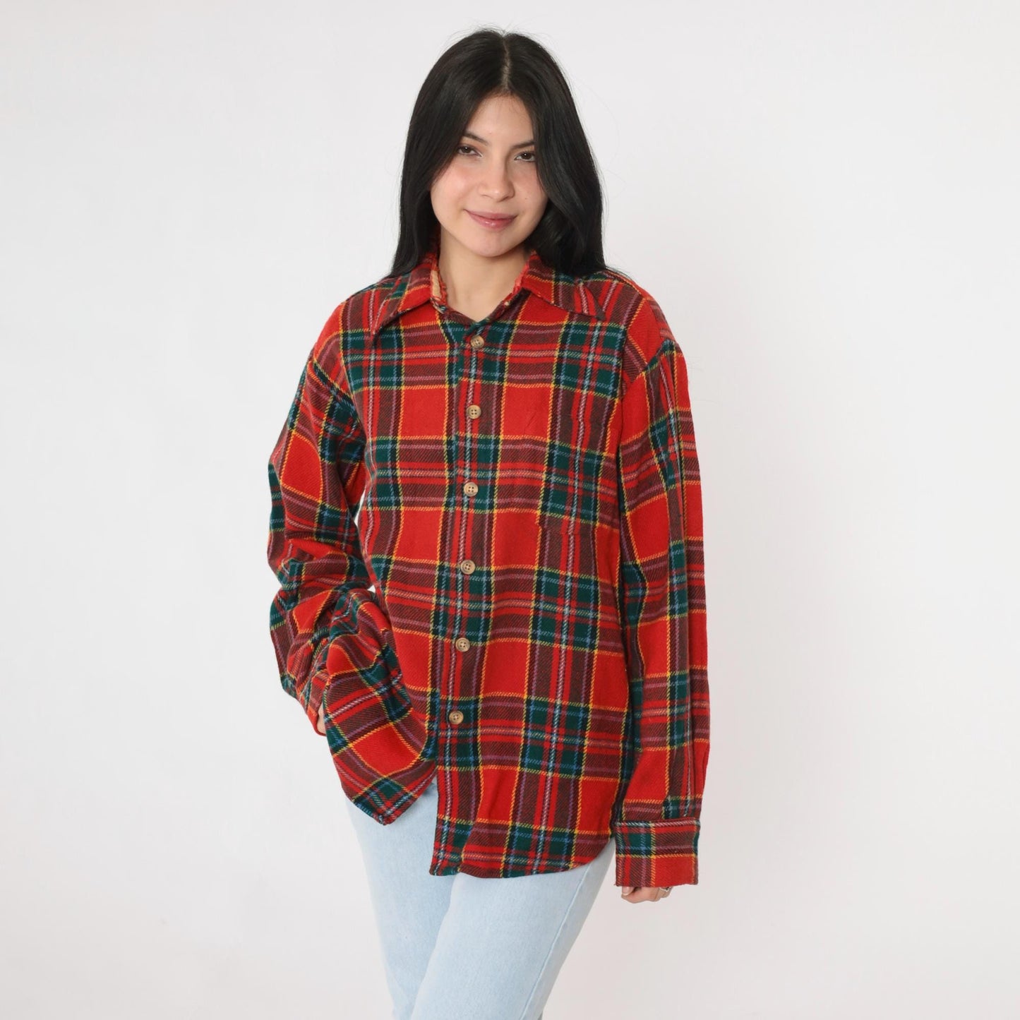 70s Red Plaid Wool Shirt Button Up Long Sleeve Tartan Large