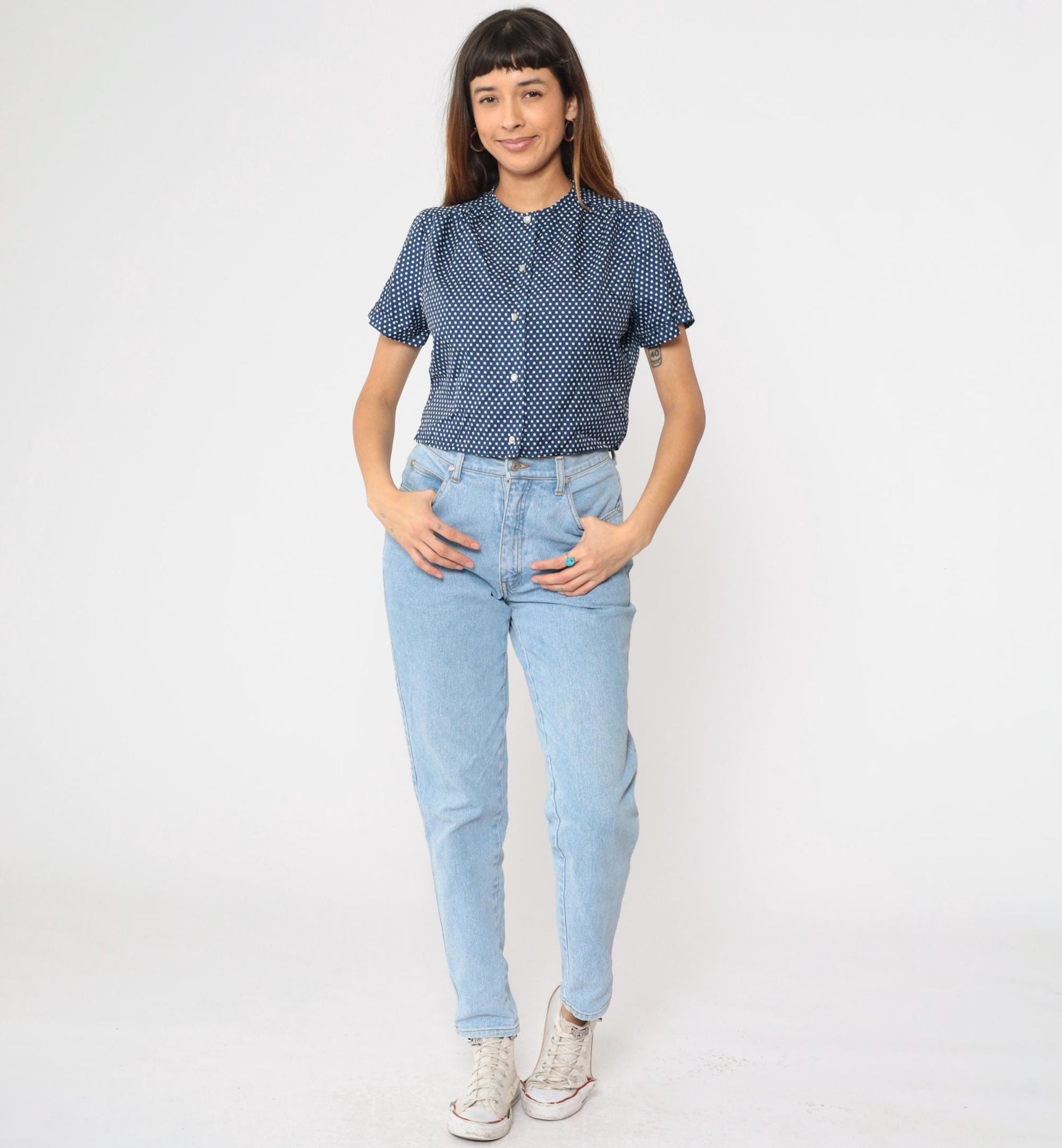 70s Blue Polka Dot Button Up Blouse Cropped Short Sleeve Pearl Buttons Medium