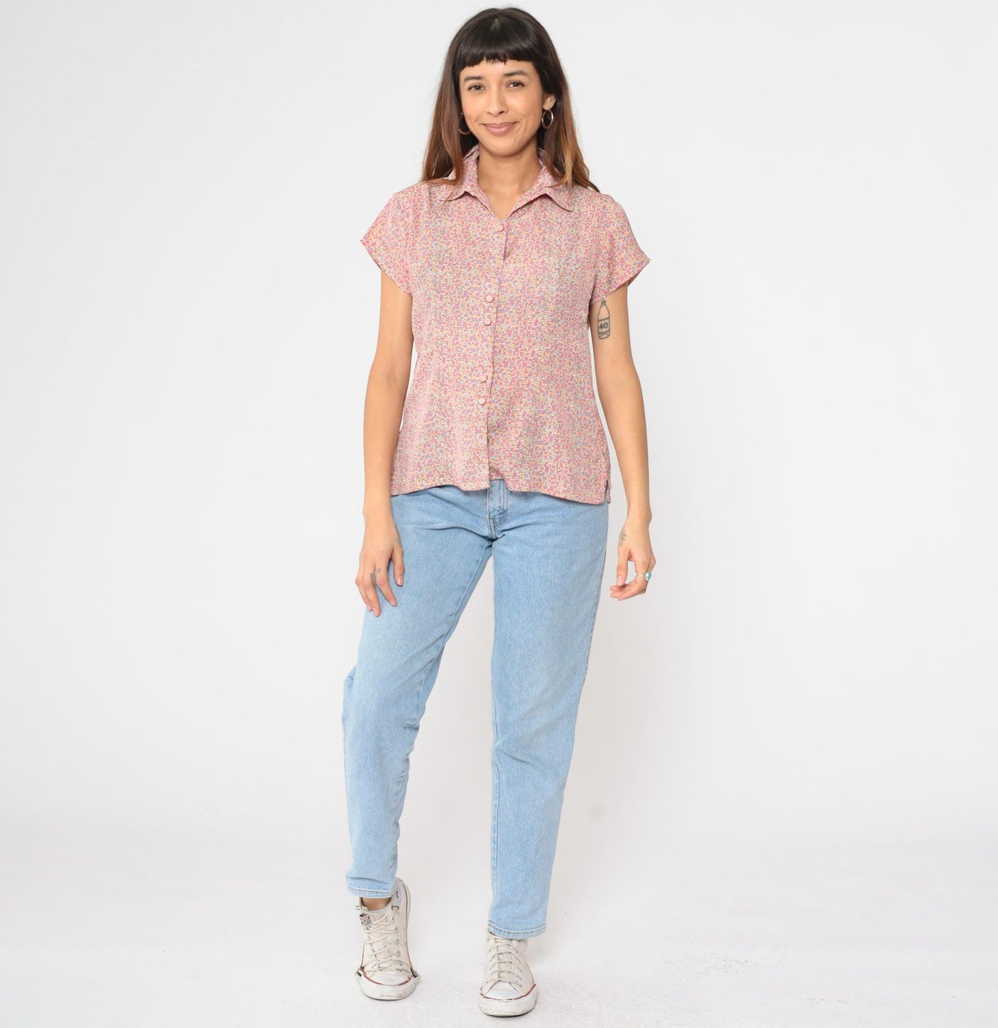 90s Geometric Pastel Pink Button Up Blouse Short Sleeve Collared Medium