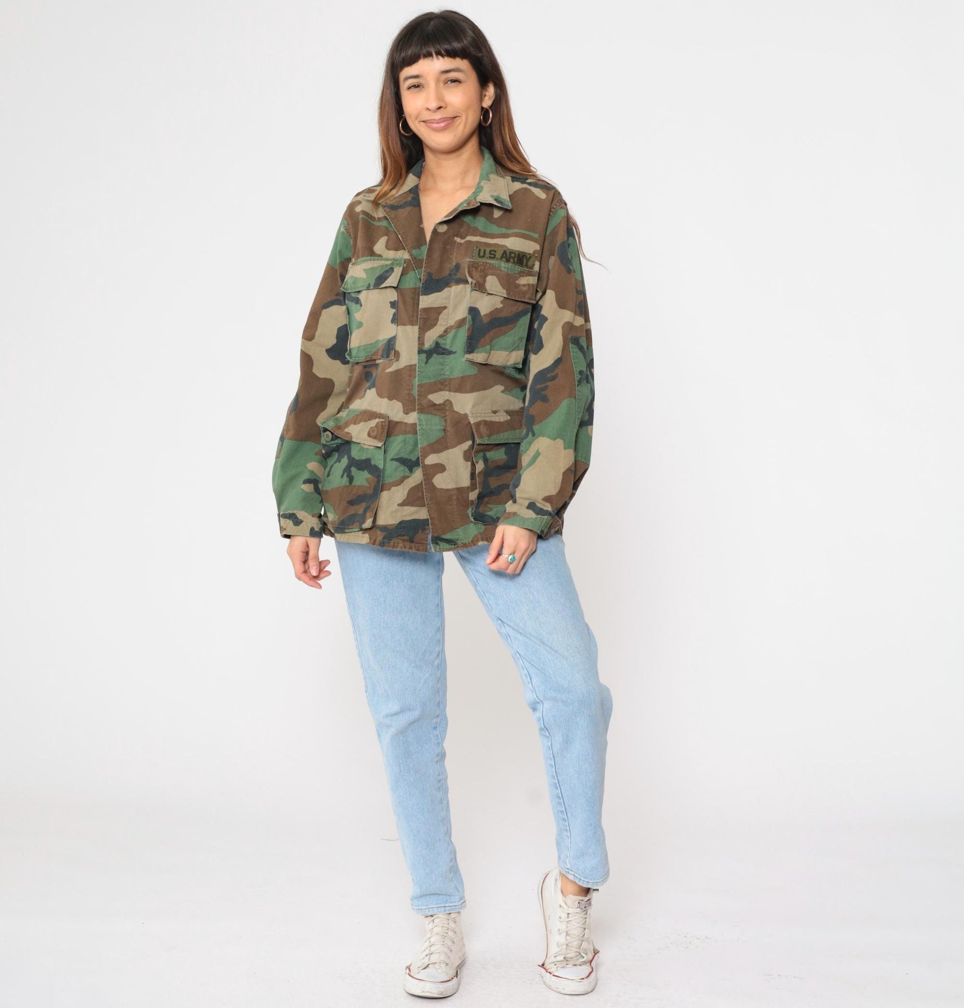 90s US Army Woodland Camouflage Field Jacket Button Up Small Regular