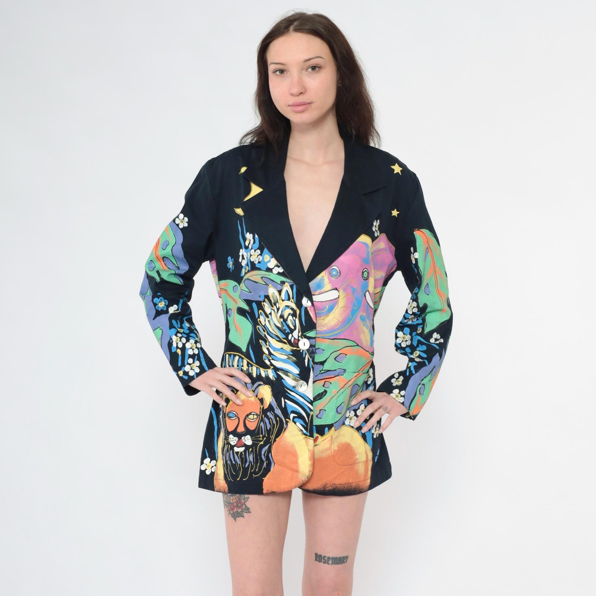 90s Kolorway Painted Jungle Animal Blazer Cotton Lion Zebra Medium M