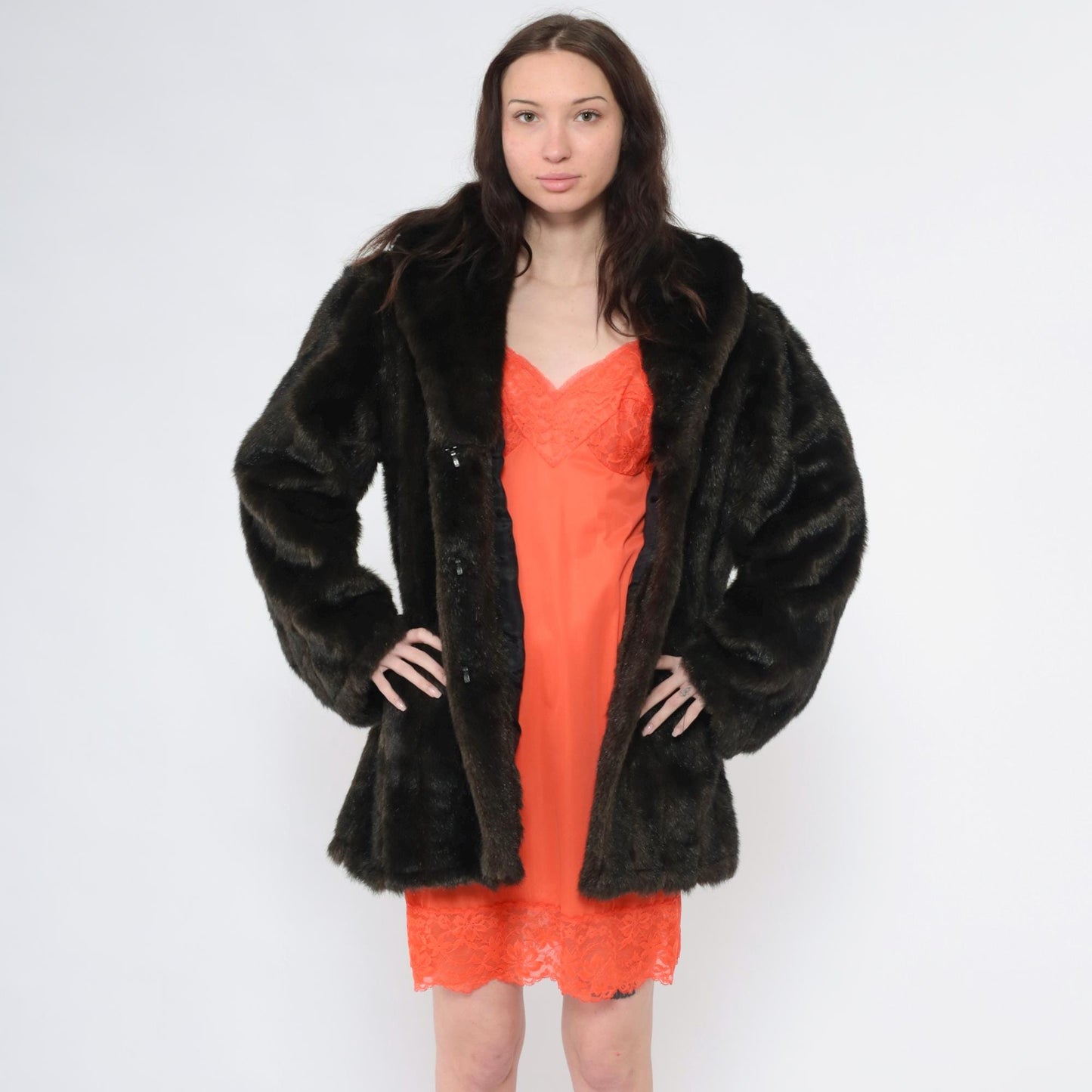 90s Brown Faux Fur Jacket Shawl Collar Short Coat Extra Large XL