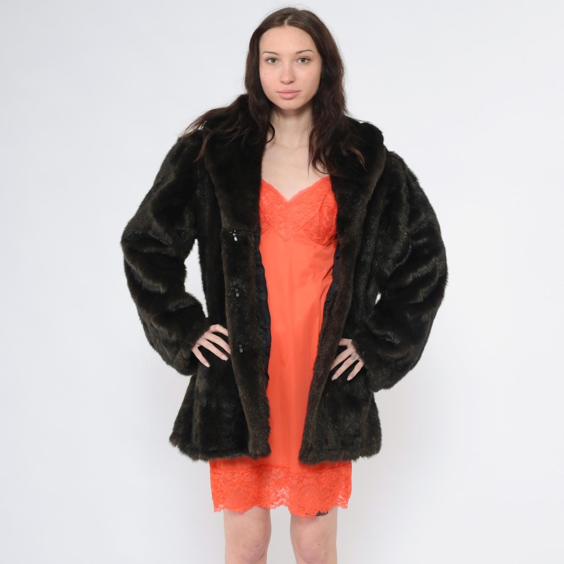 90s Brown Faux Fur Jacket Shawl Collar Short Coat Extra Large XL