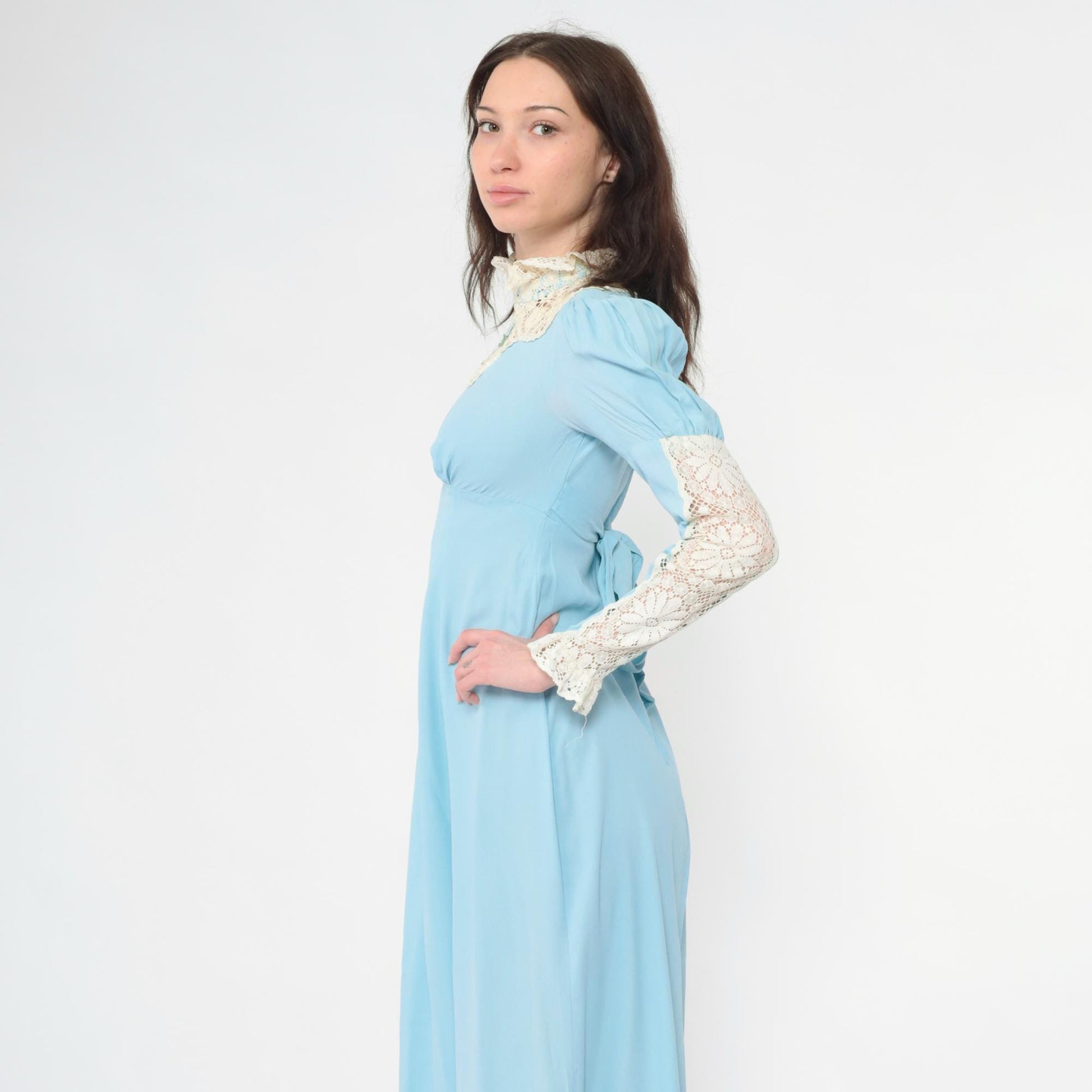70s Light Blue Maxi Dress Lace Yoke Puff Sleeve High Neck Empire Waist Extra Small