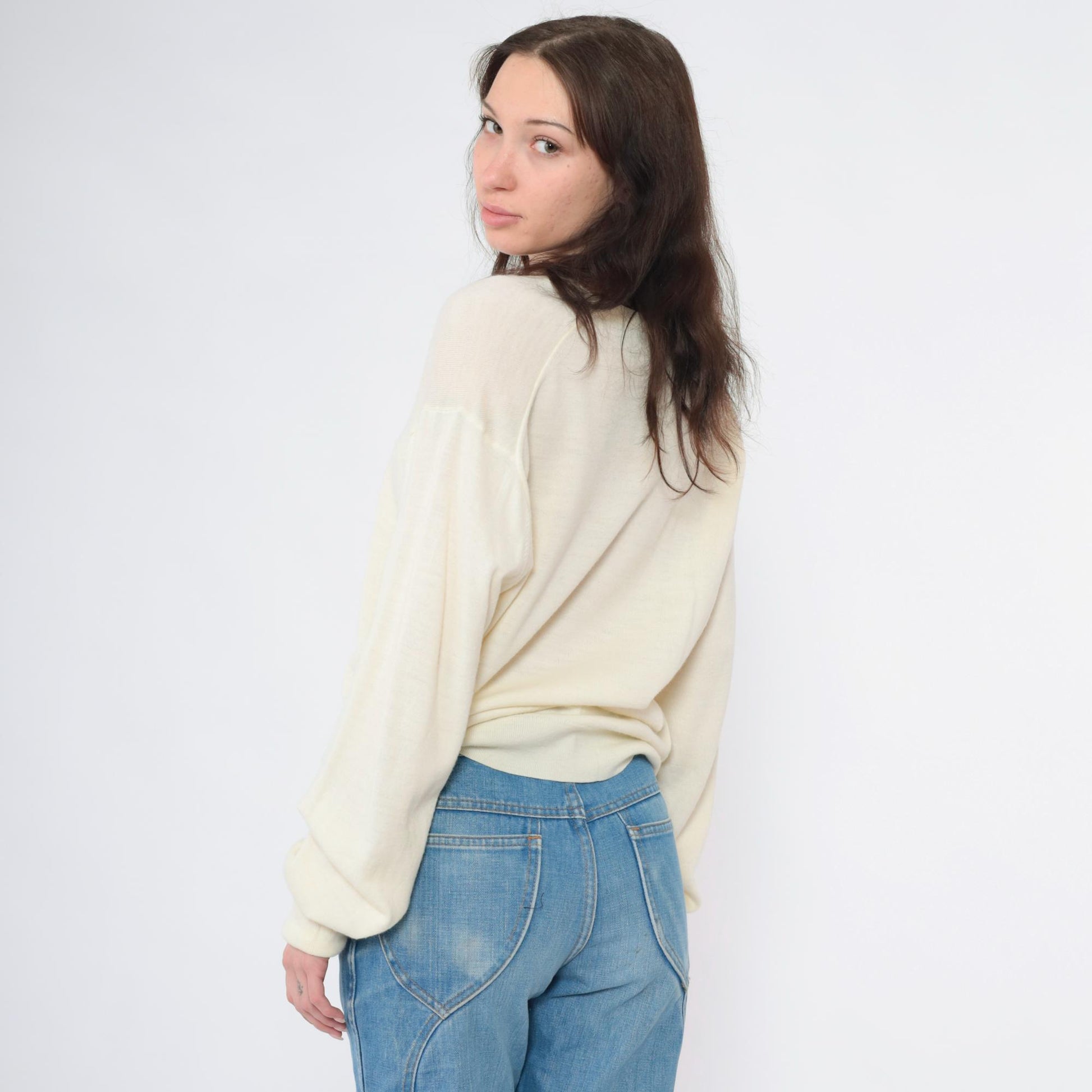 80s Izod Lacoste Cream Wool Blend V-Neck Sweater Pullover Medium