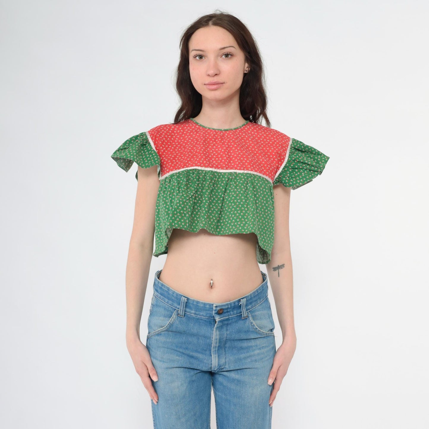 70s Red Green Calico Floral Peasant Blouse Crop Top Flutter Sleeve Small