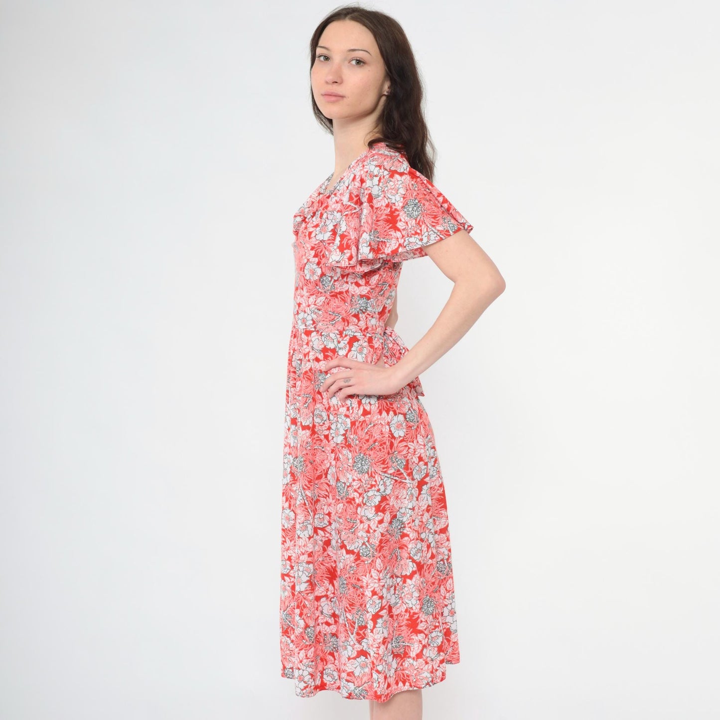 70s Red Floral Midi Dress Cowl Neck Flutter Sleeve High Waist Extra Small