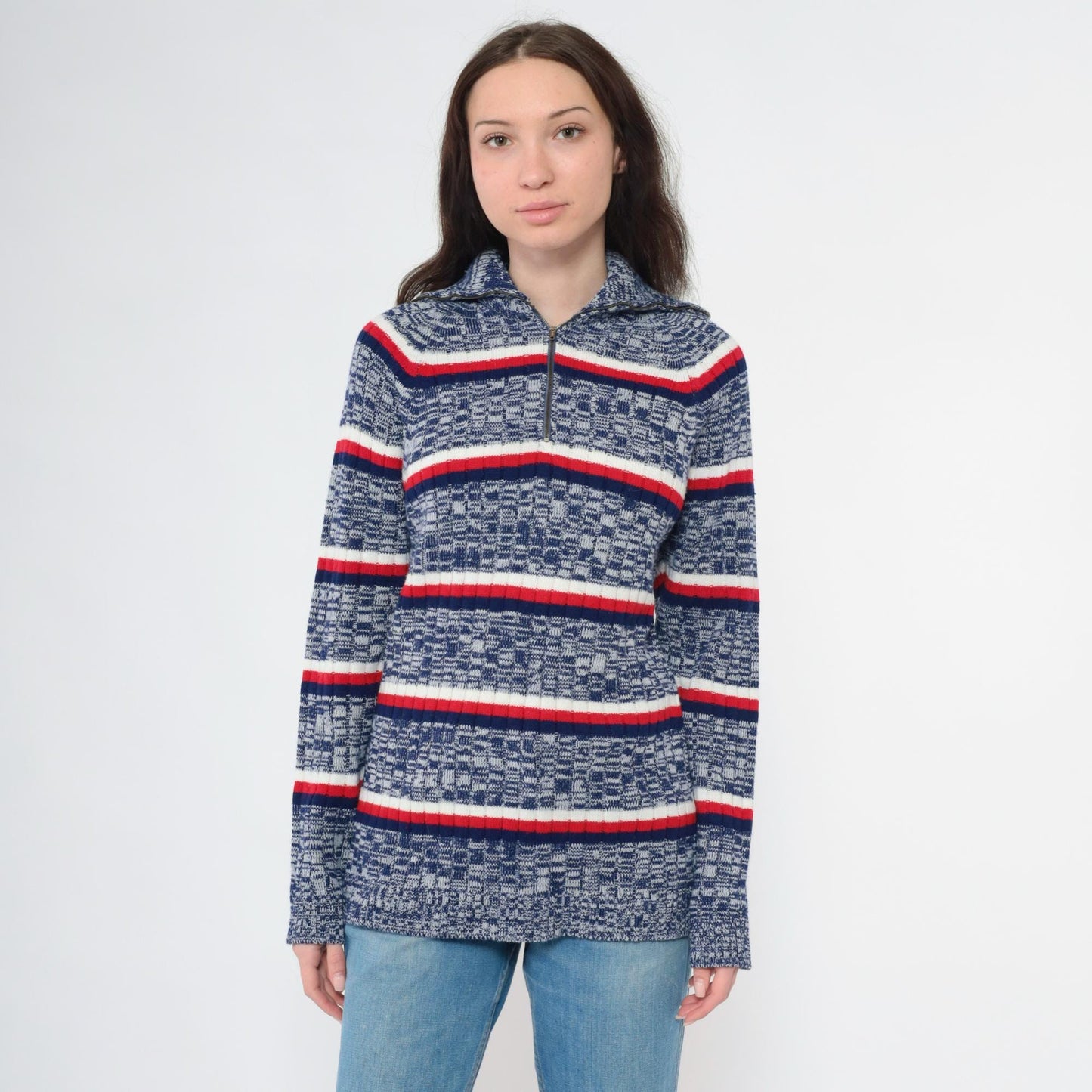 70s Space Dye Striped Quarter Zip Sweater Blue Red White Knit Small