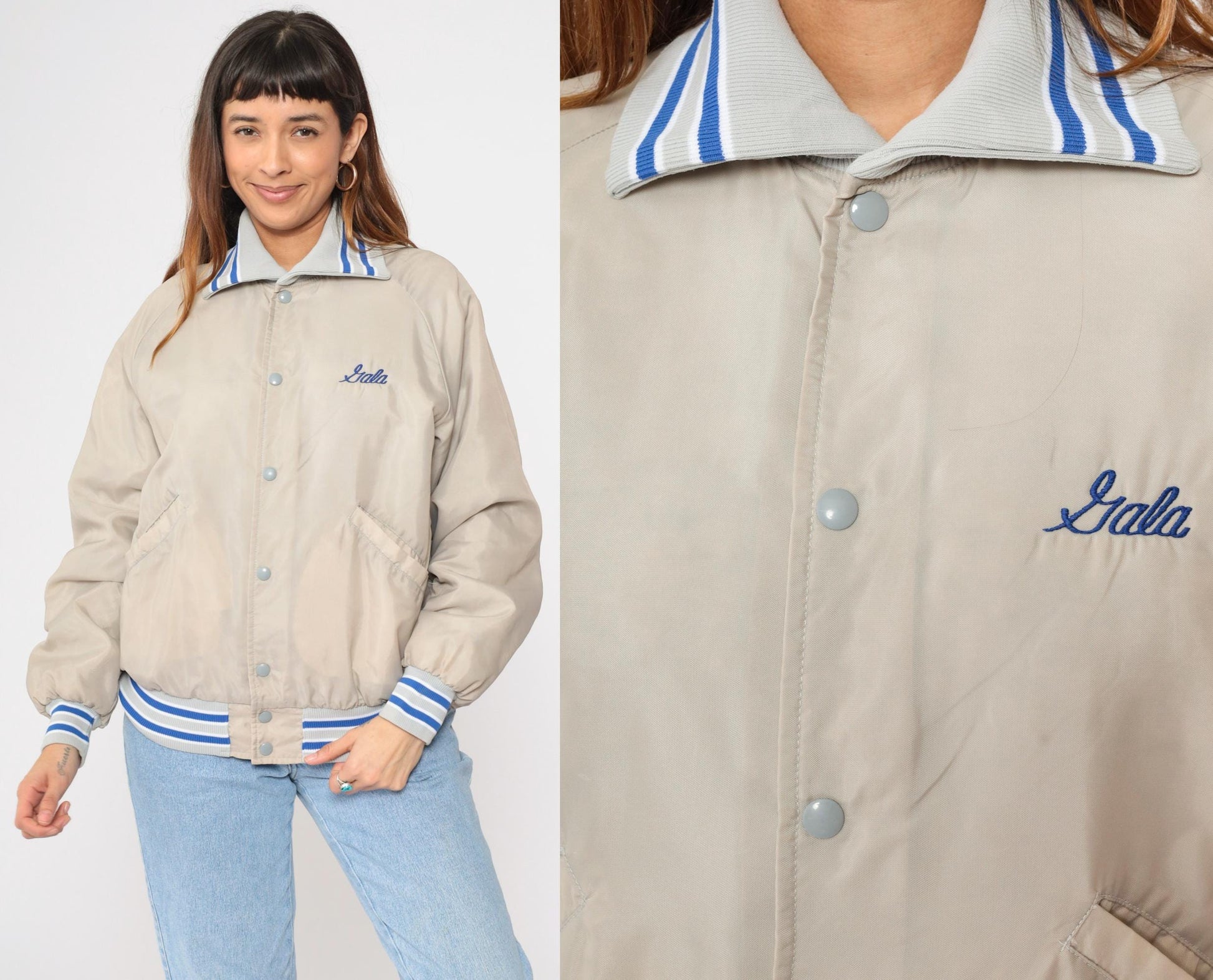 80s Butwin Veterinary Clinic Bomber Jacket Beige Royal Blue Snap Medium