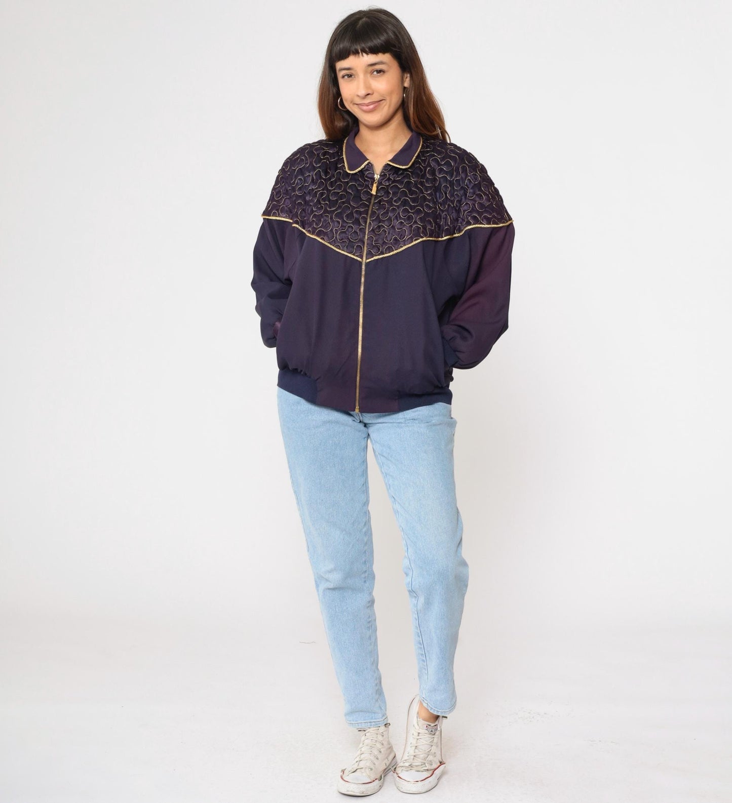 90s Purple Quilted Windbreaker Jacket Gold Trim Western Yoke Bomber Large L