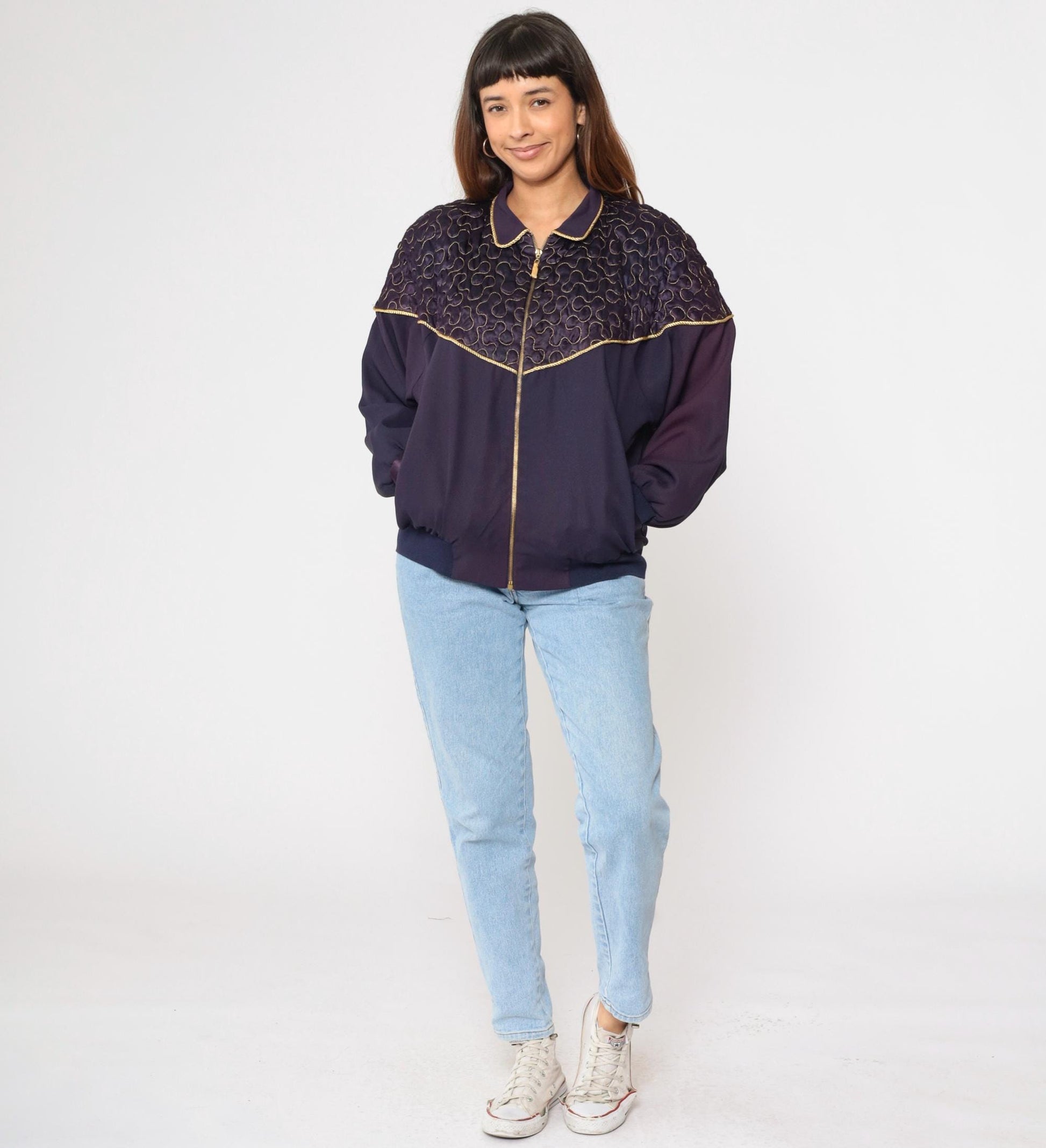 90s Purple Quilted Windbreaker Jacket Gold Trim Western Yoke Bomber Large L