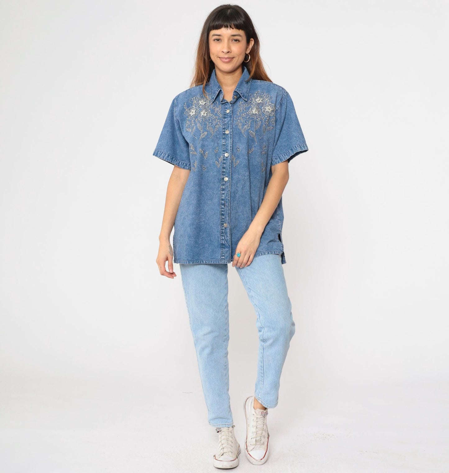 90s Club Z Denim Shirt Metallic Floral Embroidered Beaded Acid Wash Blue Medium M