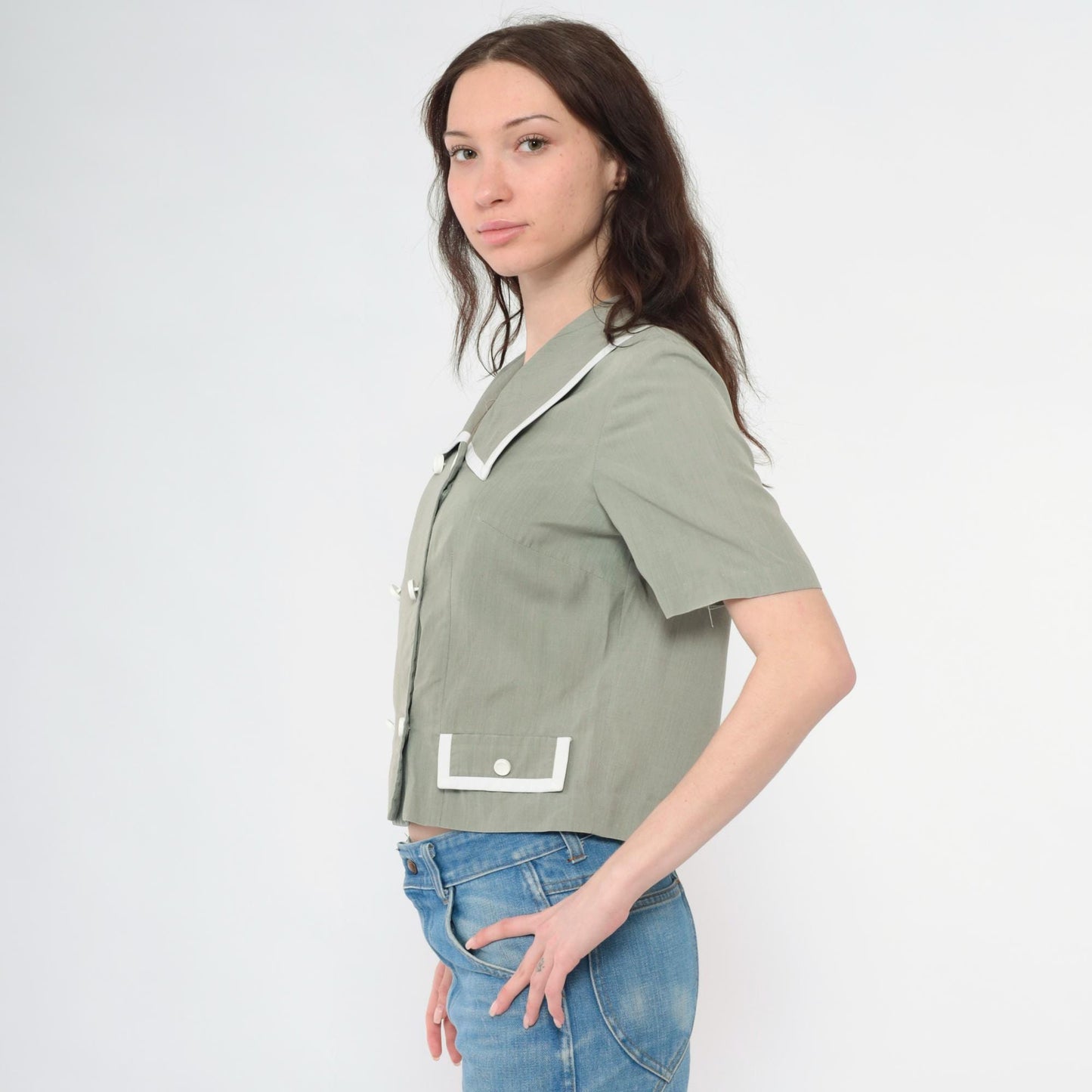 80s Grey Double Breasted Blouse Short Sleeve Button Up Medium M