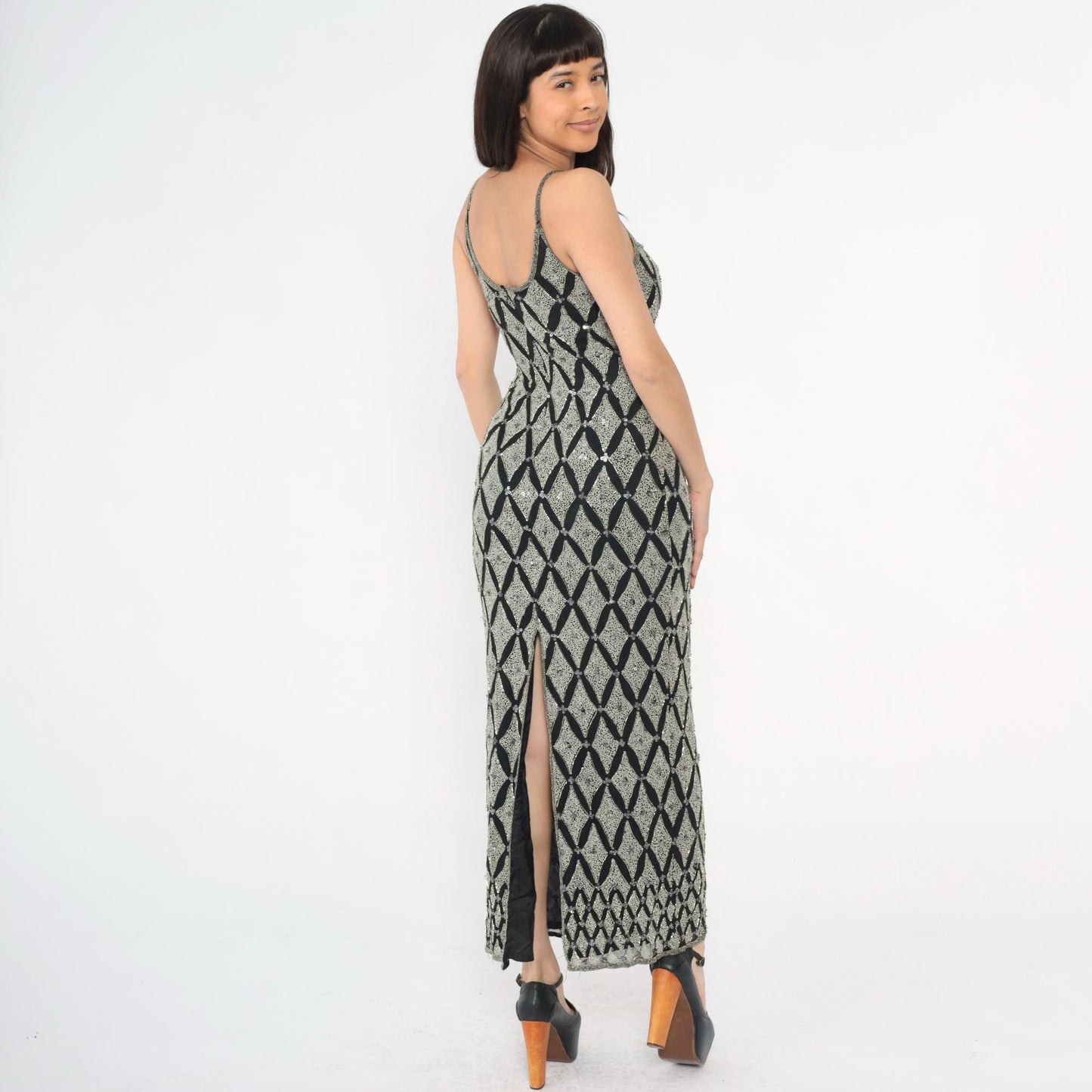 Y2K Adrianna Papell Silk Beaded Maxi Dress Black Silver Sequin Spaghetti Strap Small