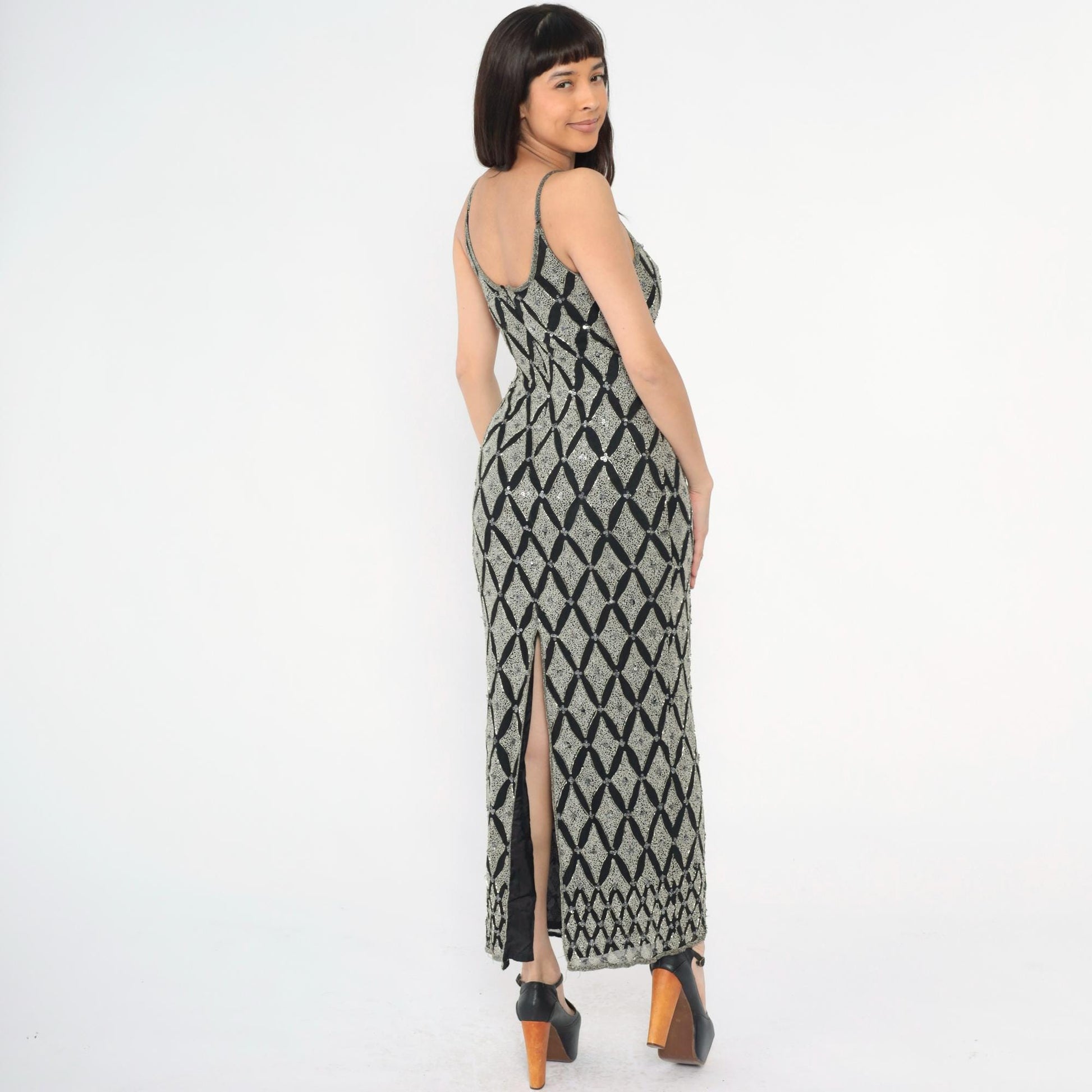 Y2K Adrianna Papell Silk Beaded Maxi Dress Black Silver Sequin Spaghetti Strap Small