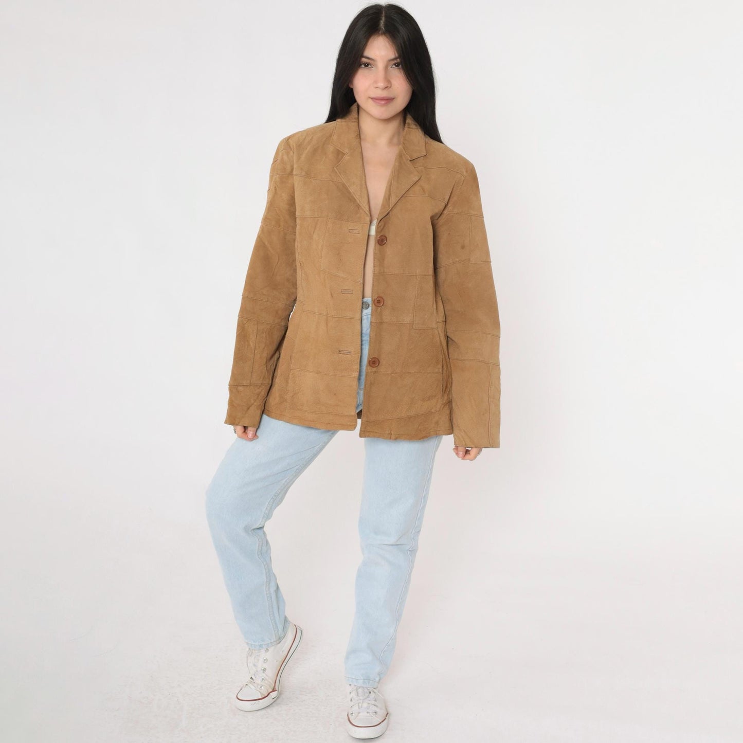 Y2K Tan Suede Leather Jacket Button Front Blazer Medium M