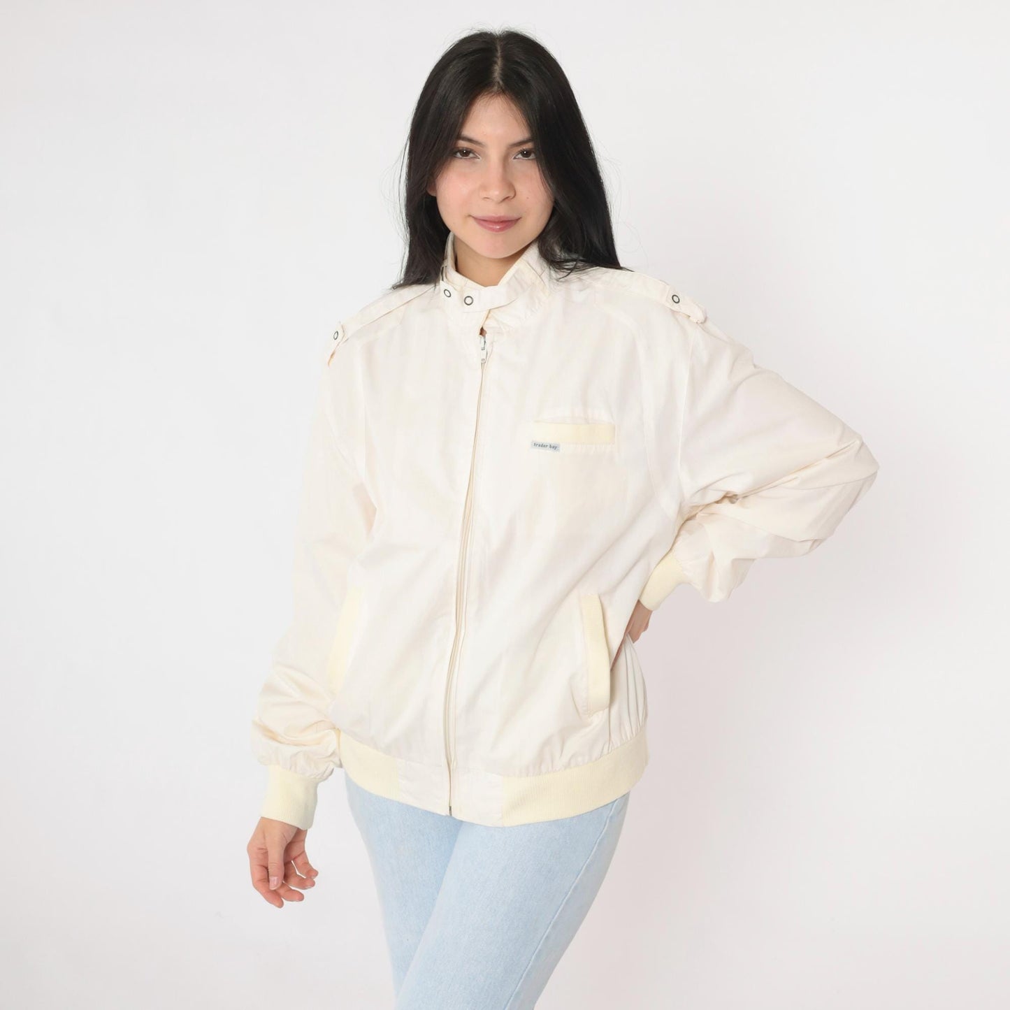 80s Cafe Racer Jacket Ivory Bomber Windbreaker Yellow Trim Epaulette Large L