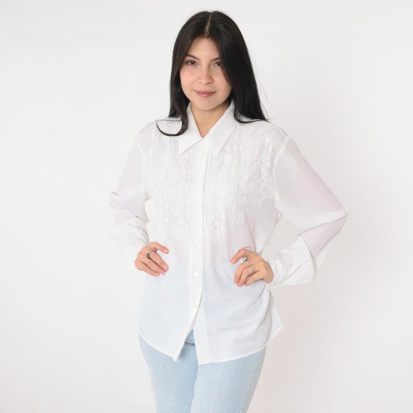 90s White Soutache Embroidered Blouse Floral Button-Up Long Sleeve Medium