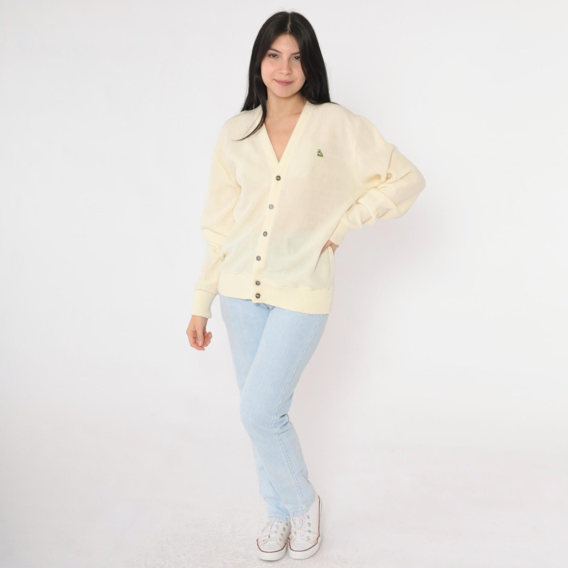 80s Van Cort Cream Cardigan Sweater Crowned Frog Emblem V-Neck Large L