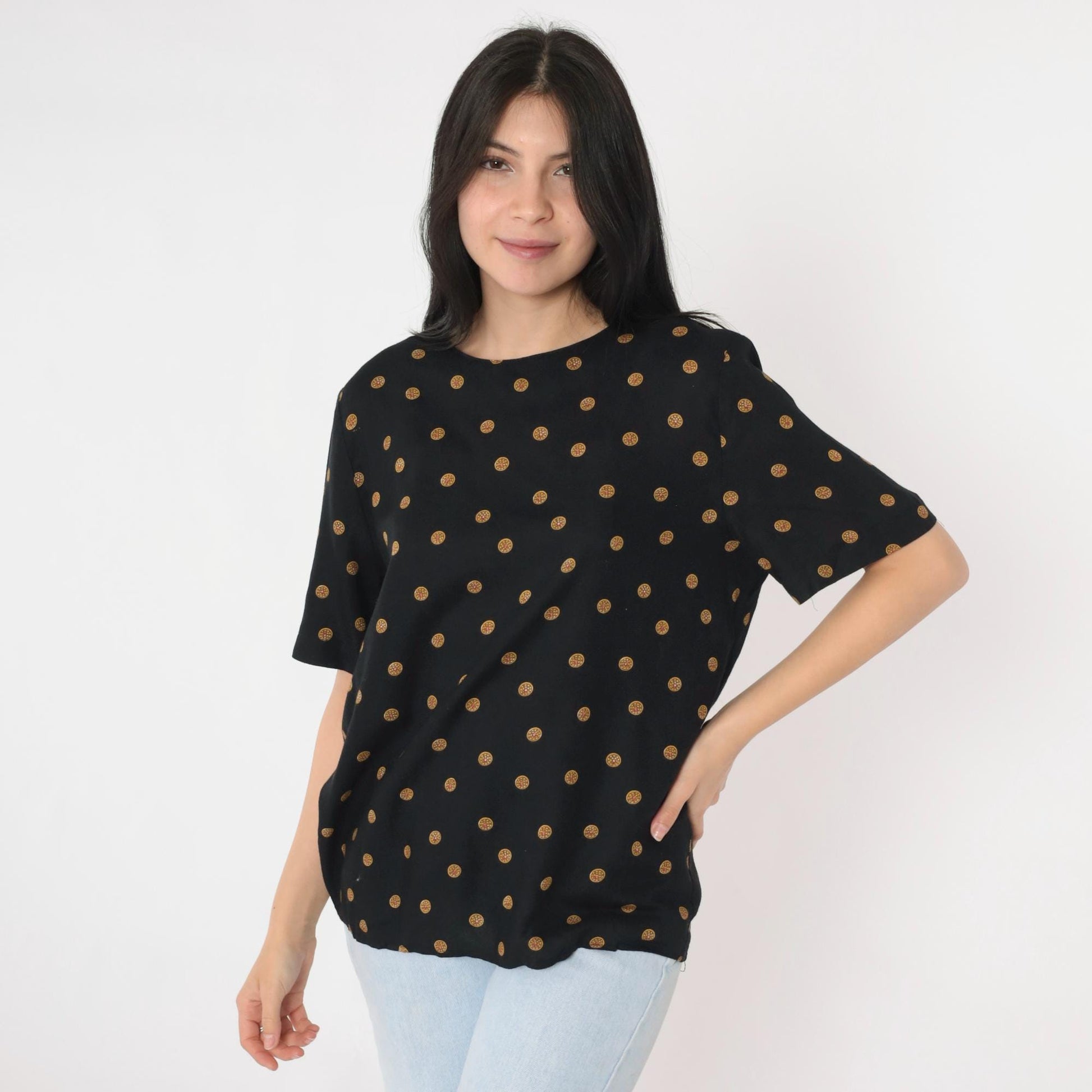 80s Norton McNaughton Black Coin Print Blouse Keyhole Back Medium