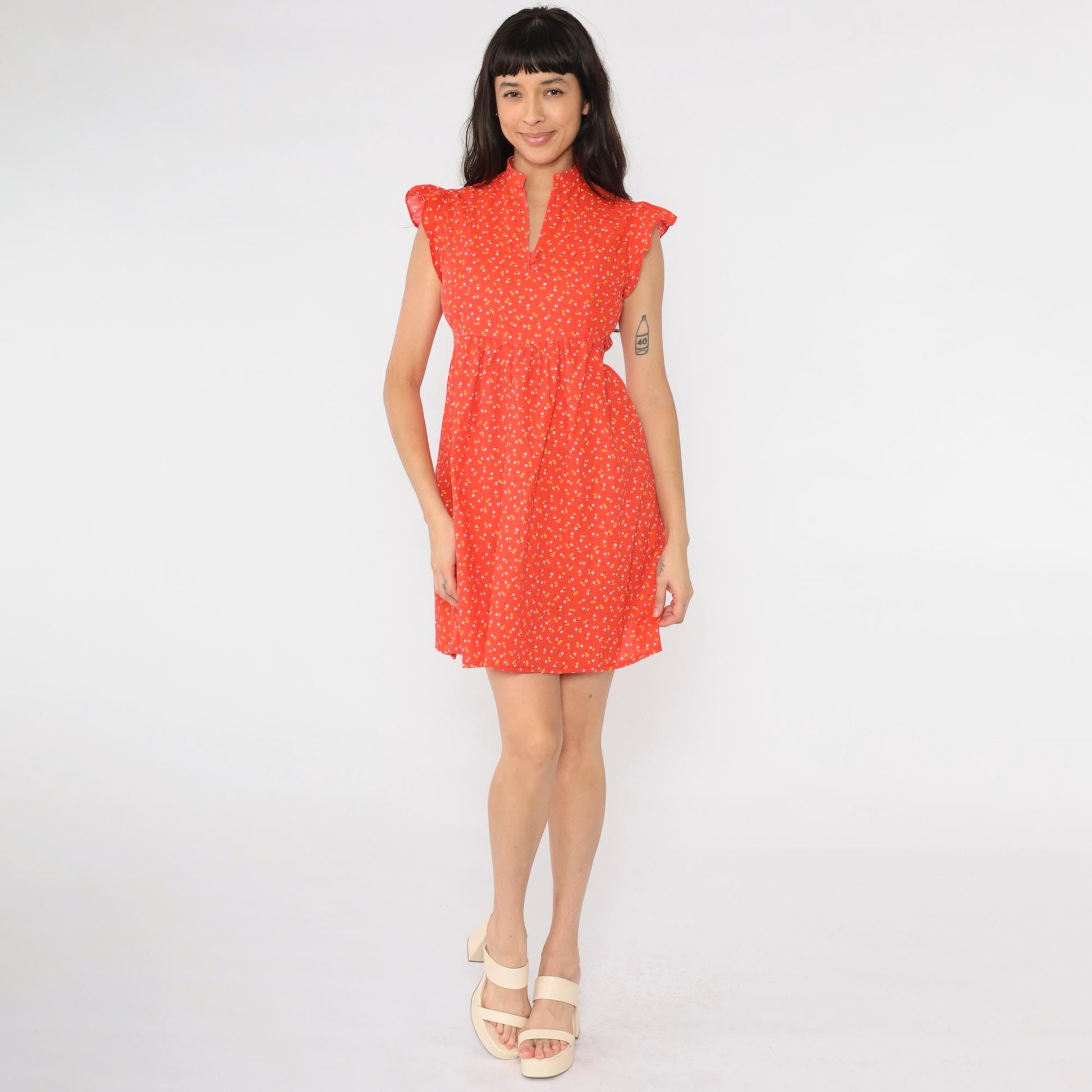70s Orange Calico Floral Babydoll Mini Dress Empire Waist Flutter Sleeve XS
