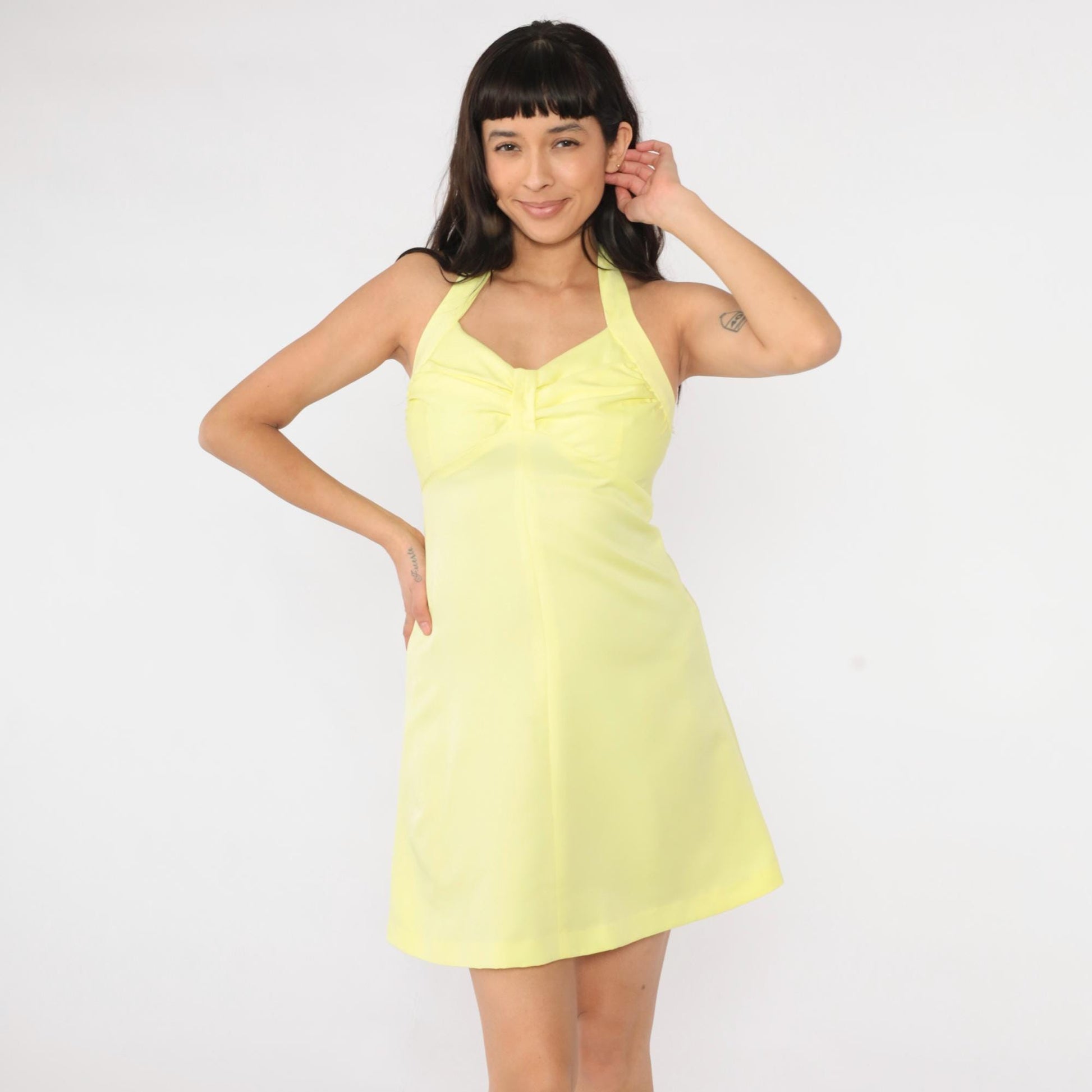 70s Yellow Halter Mini Dress Empire Waist Disco Small