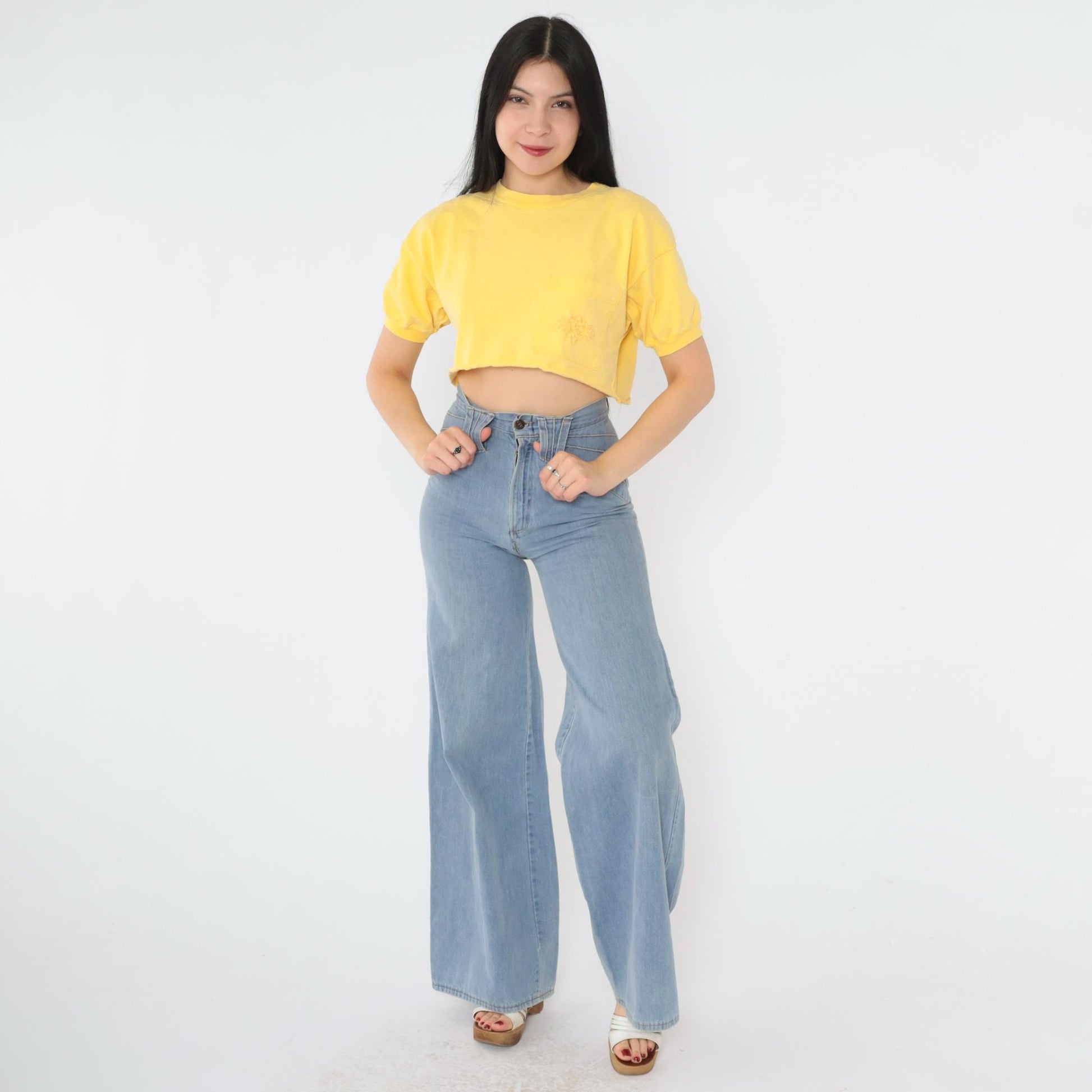 90s Yellow Crop Top Embroidered Pocket T-Shirt Small Medium