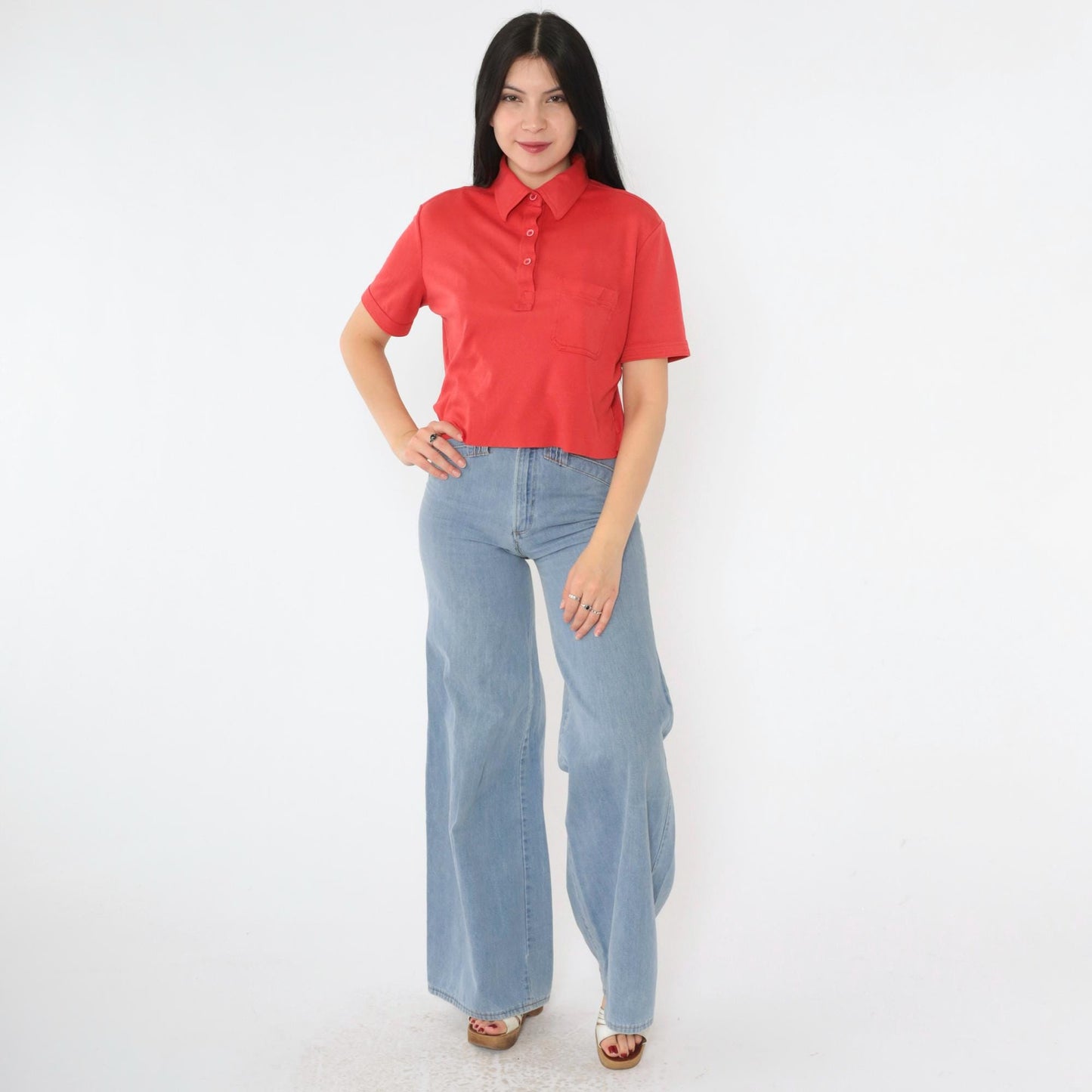 90s Red Polo Shirt Cropped Raw Hem Chest Pocket Medium M