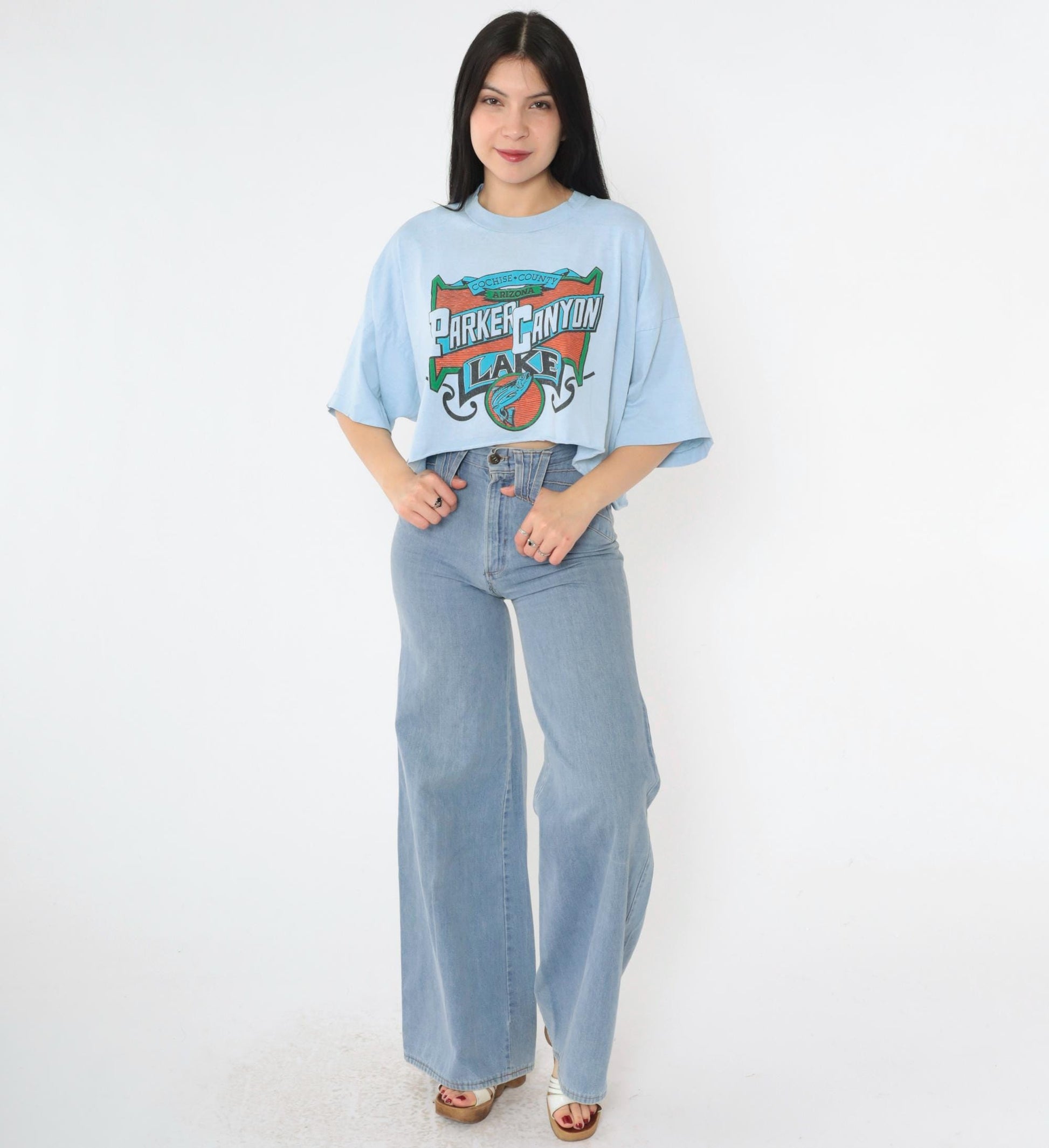 90s Parker Canyon Lake Arizona Fishing Graphic Crop Tee Baby Blue XXL