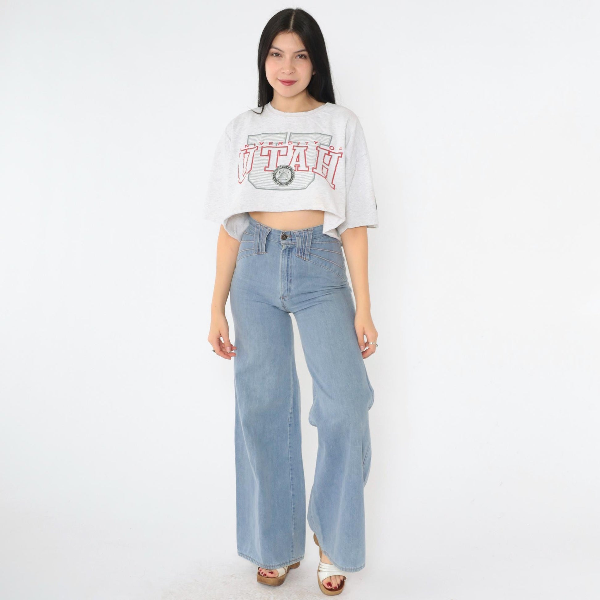 90s University of Utah Utes Crop Top Grey Graphic T-Shirt Cotton Medium
