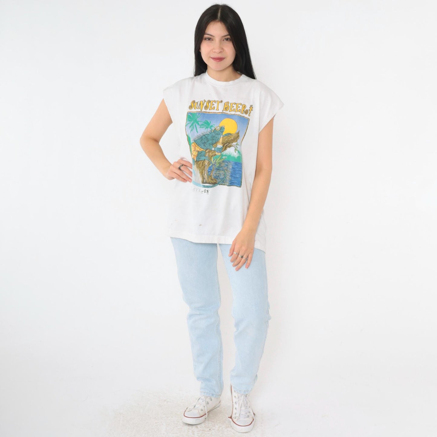 90s Sunset Beer Mazatlán Iguana Graphic Muscle Tank Large L