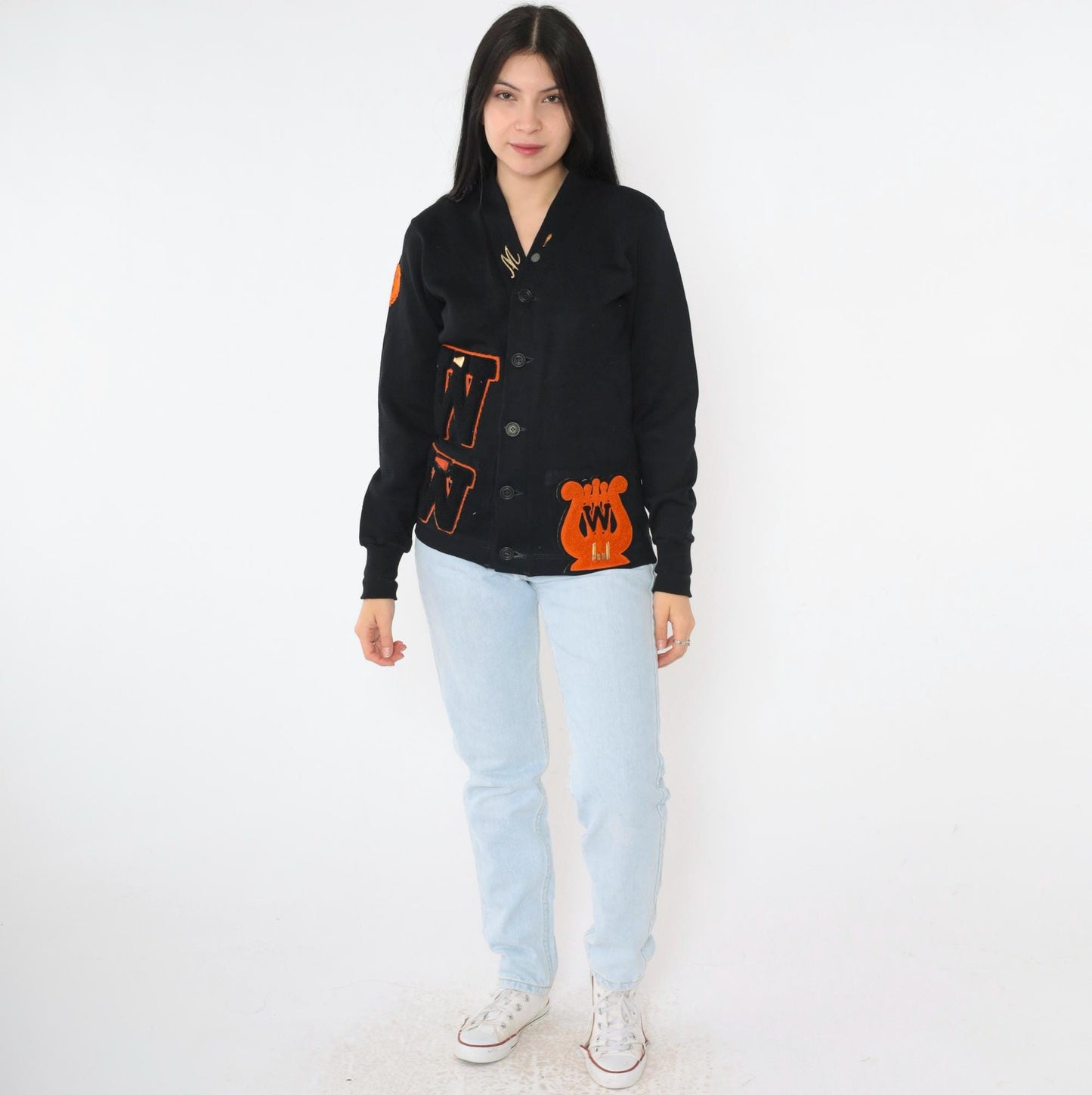 1950s Wilson Black Wool Varsity Cardigan Orange Chenille Patches Small