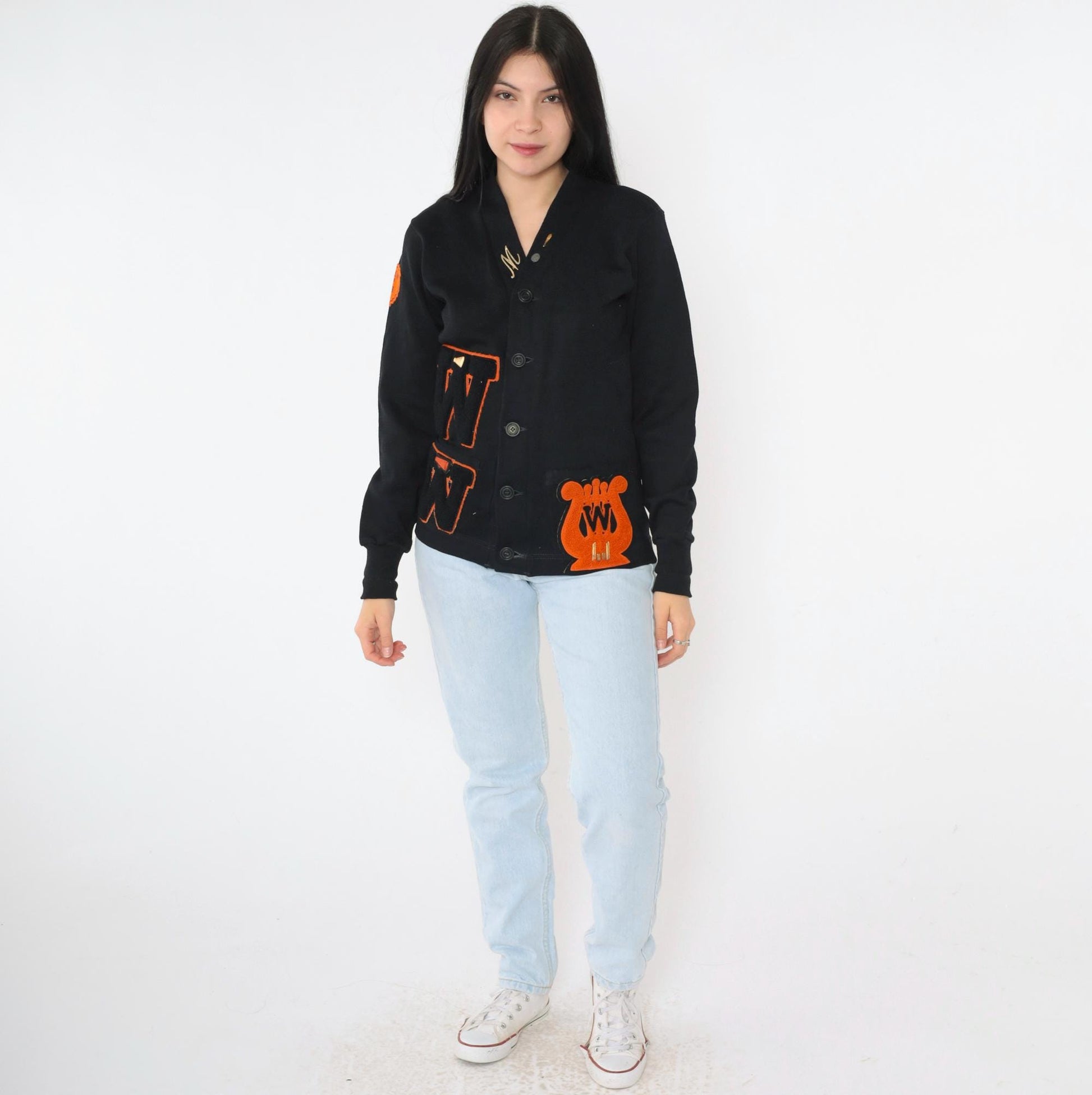 1950s Wilson Black Wool Varsity Cardigan Orange Chenille Patches Small