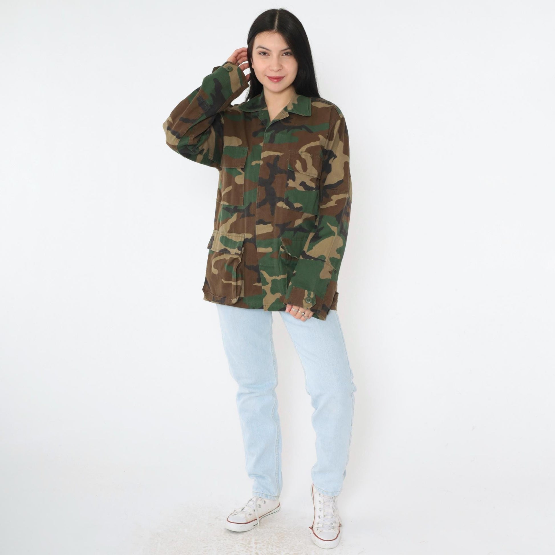 90s Woodland Camouflage Military Jacket Button Front Utility XSmall