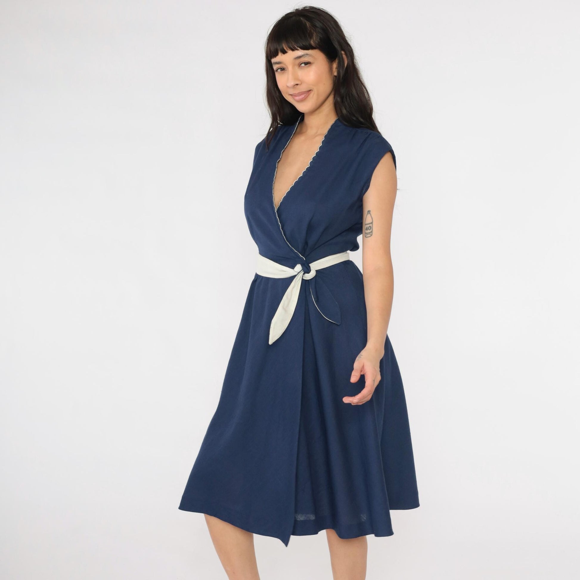 70s Jody of California Navy Wrap Dress Scalloped Neckline Midi Small