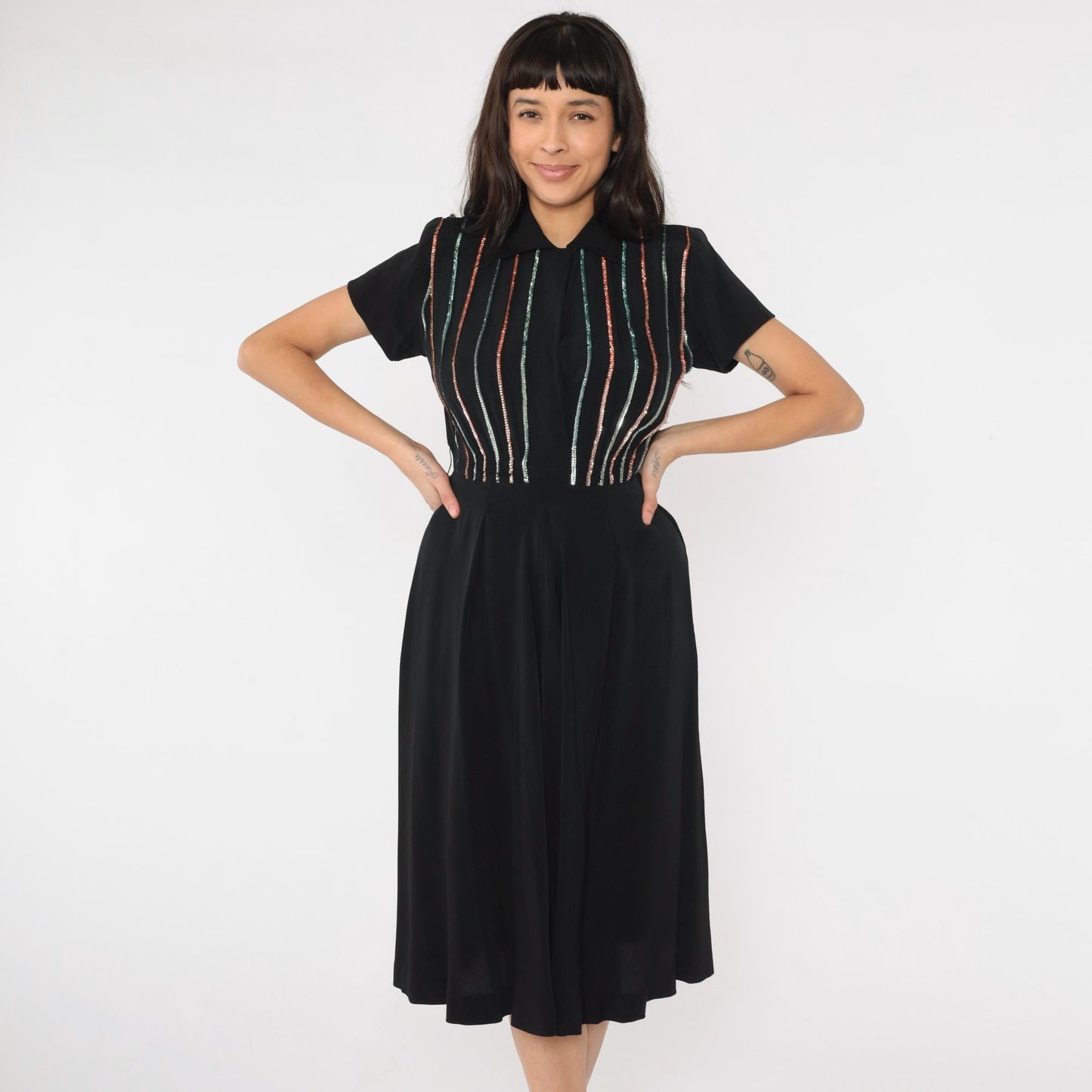 1950s Black Sequin Stripe Party Dress Midi Pleated Skirt Small S