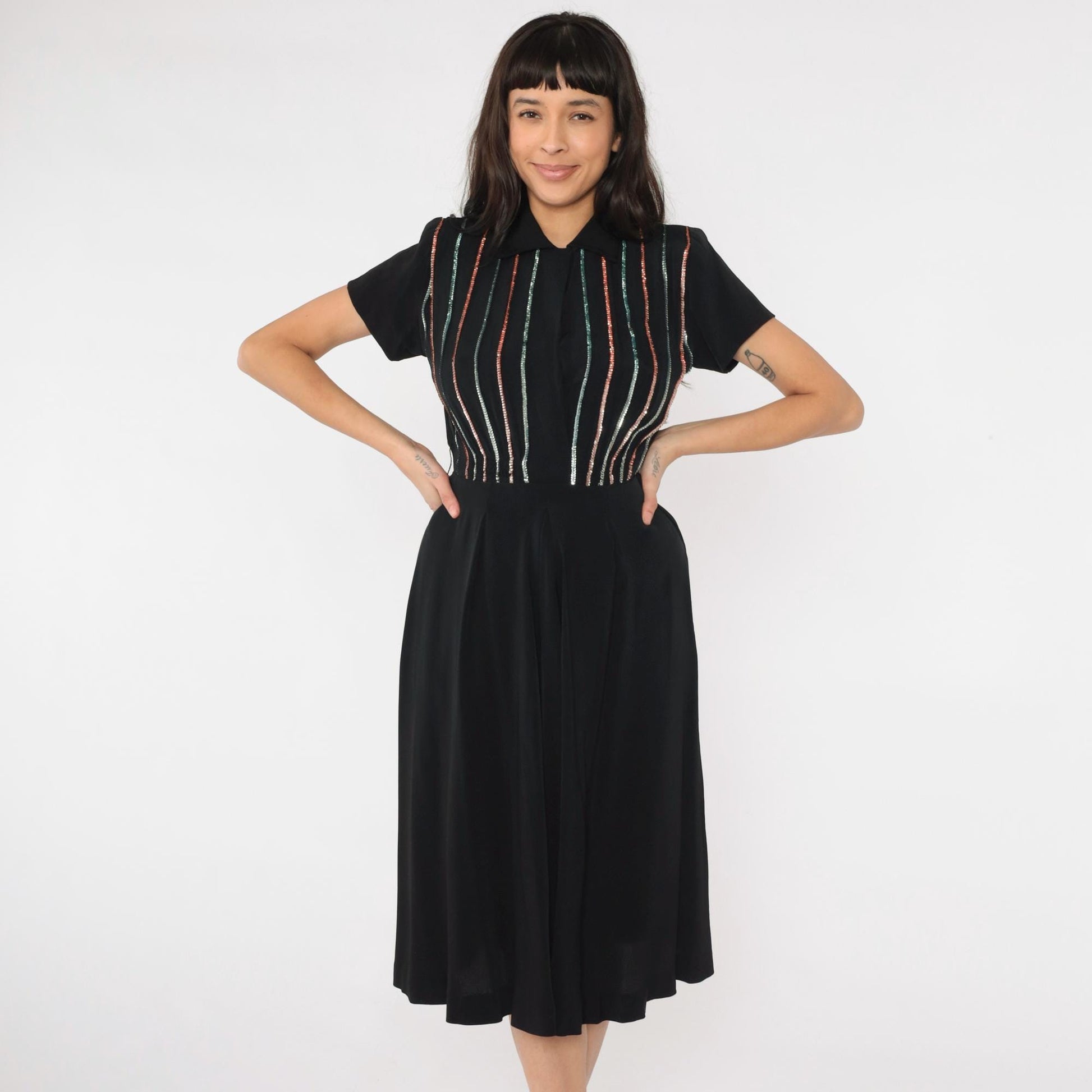 1950s Black Sequin Stripe Party Dress Midi Pleated Skirt Small S