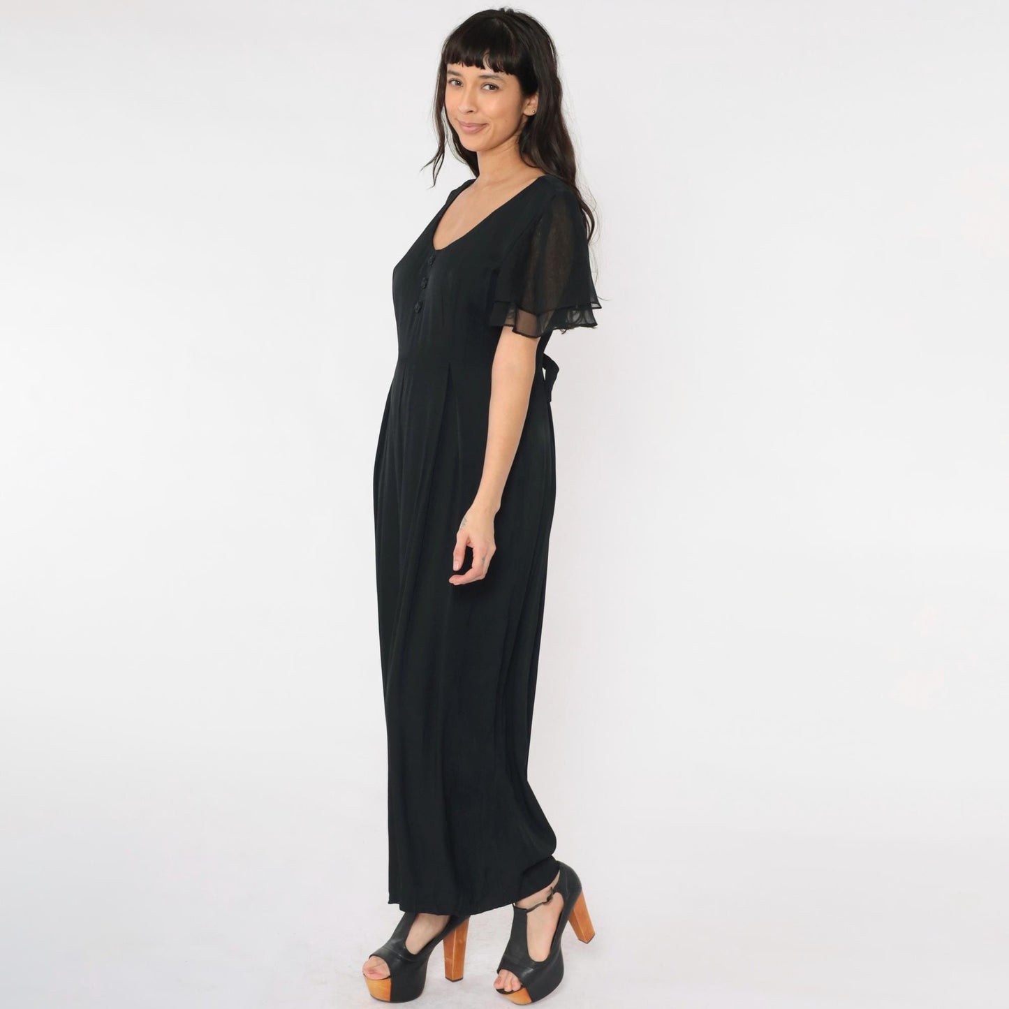 90s Black Wide Leg Jumpsuit Chiffon Flutter Sleeve Scoop Neck Medium M