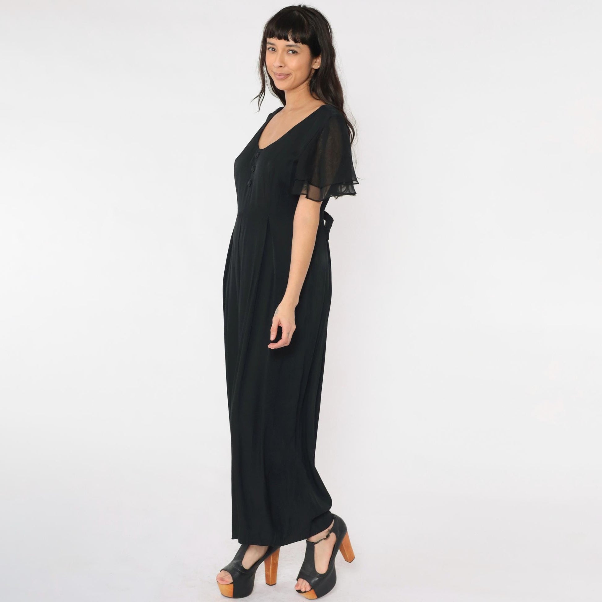 90s Black Wide Leg Jumpsuit Chiffon Flutter Sleeve Scoop Neck Medium M