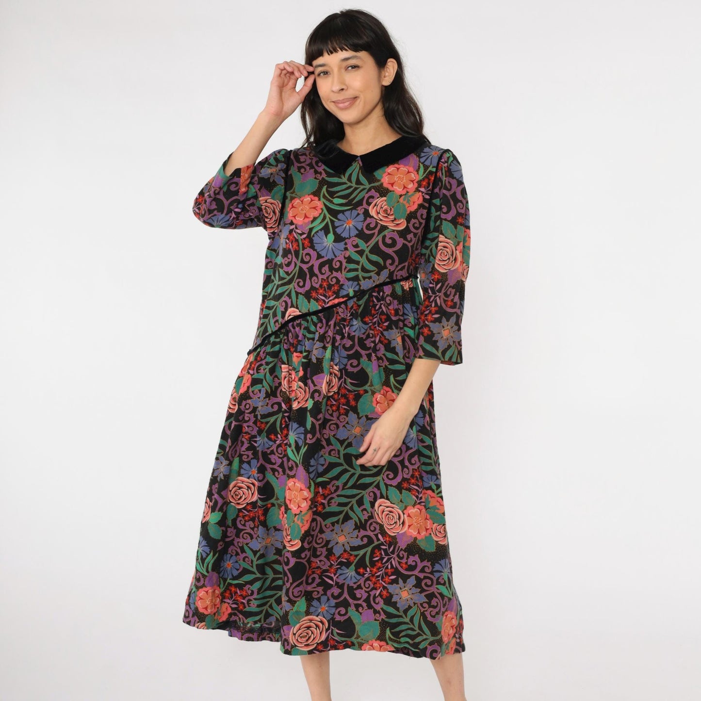 80s Floral Midi Dress Black Multicolor Peter Pan Collar Velvet Asymmetrical Large
